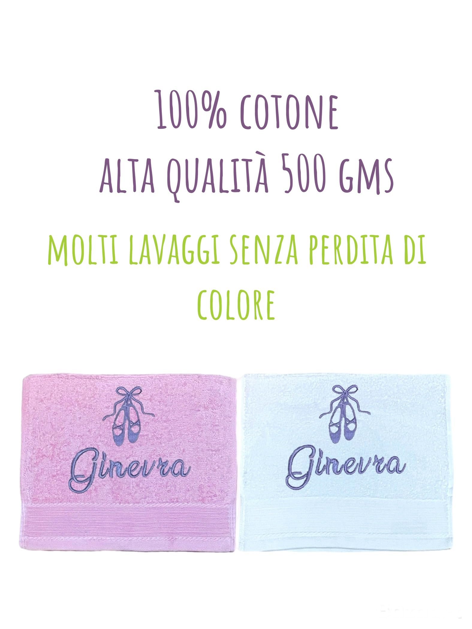 Set di 2 asciugamani personalizzati per bambini da asilo/nido/scuola materna, ricamati con il nome, asciugamano personalizzato, alta qualità-500 g/m², 100% cotone, MADE IN ITALY (Bianco, Rosa, Viola)