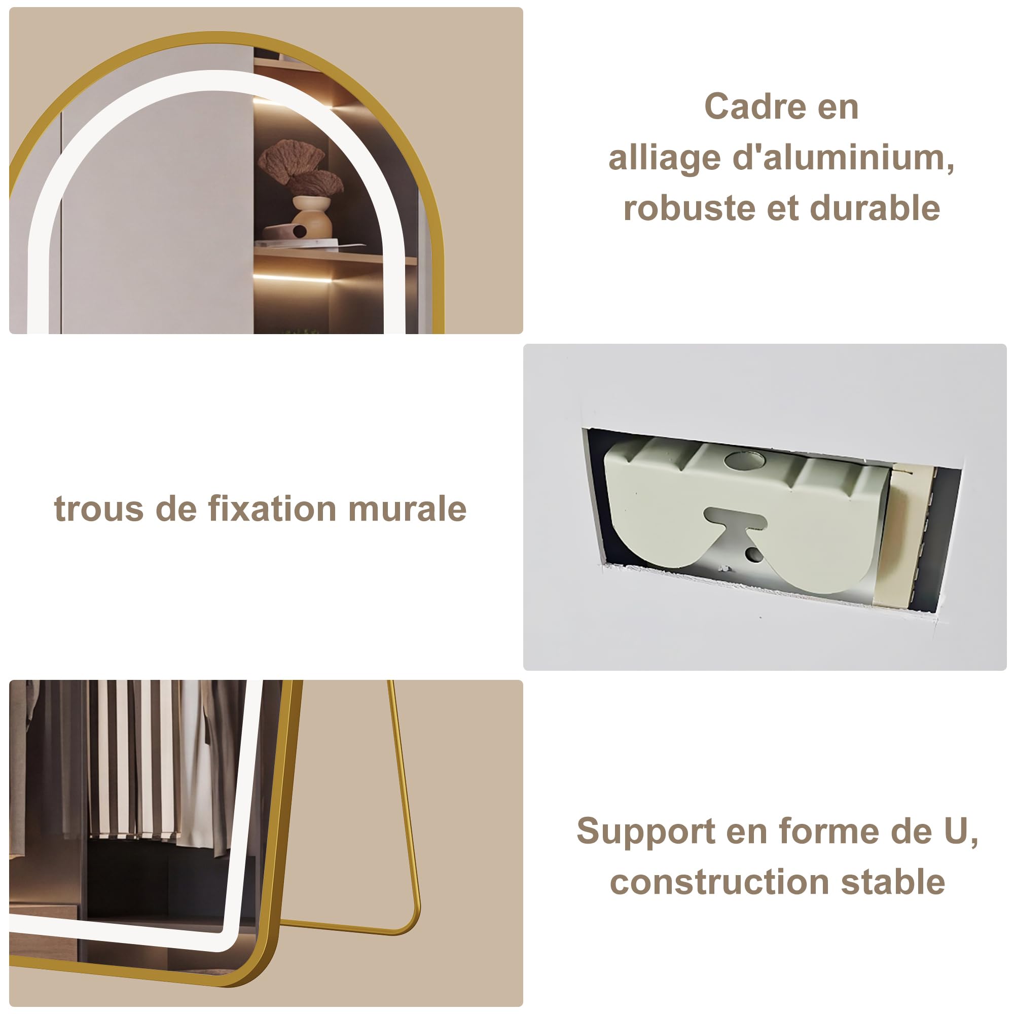 150 x 40 cm Arqué Miroir sur Pied avec LED, Grand Miroir Doré