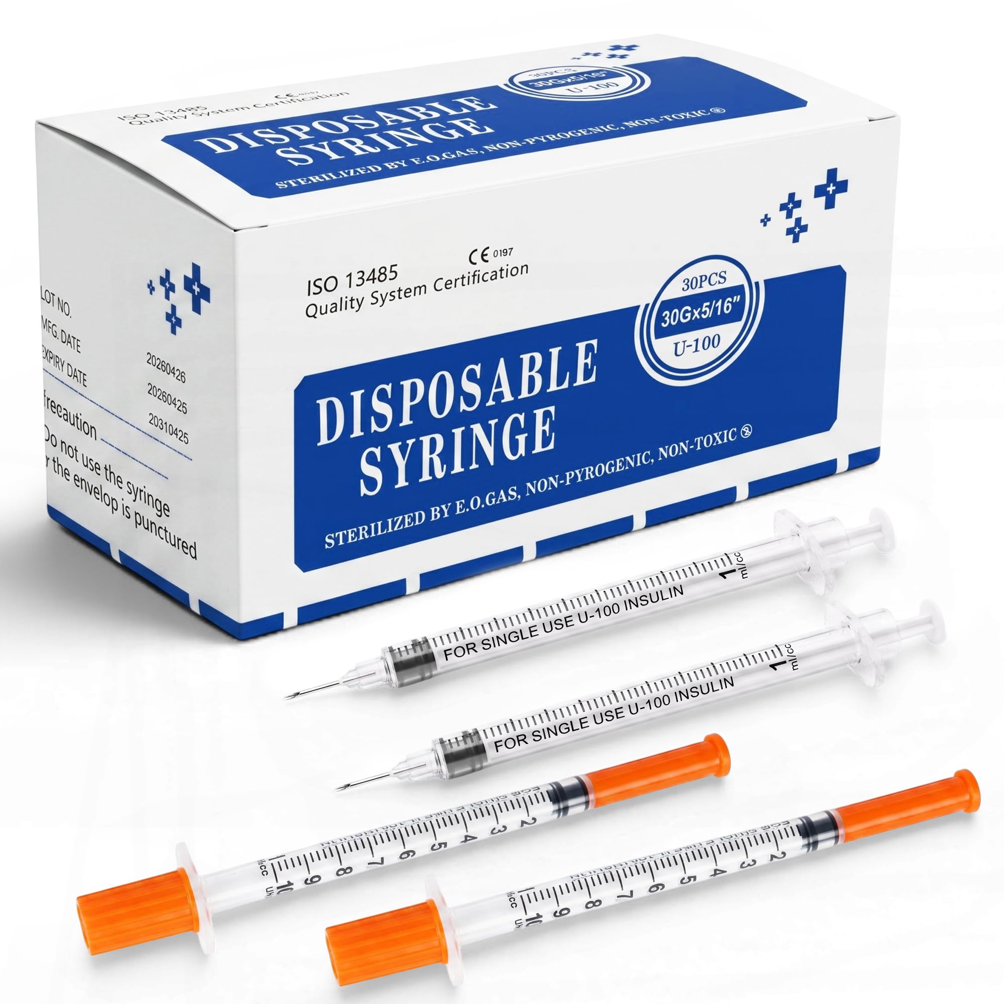 30 Pack U-100 1ml 30G 5/16" (8mm) Disposable Syringe with Needle, Individually Wrapped Lab Supplies