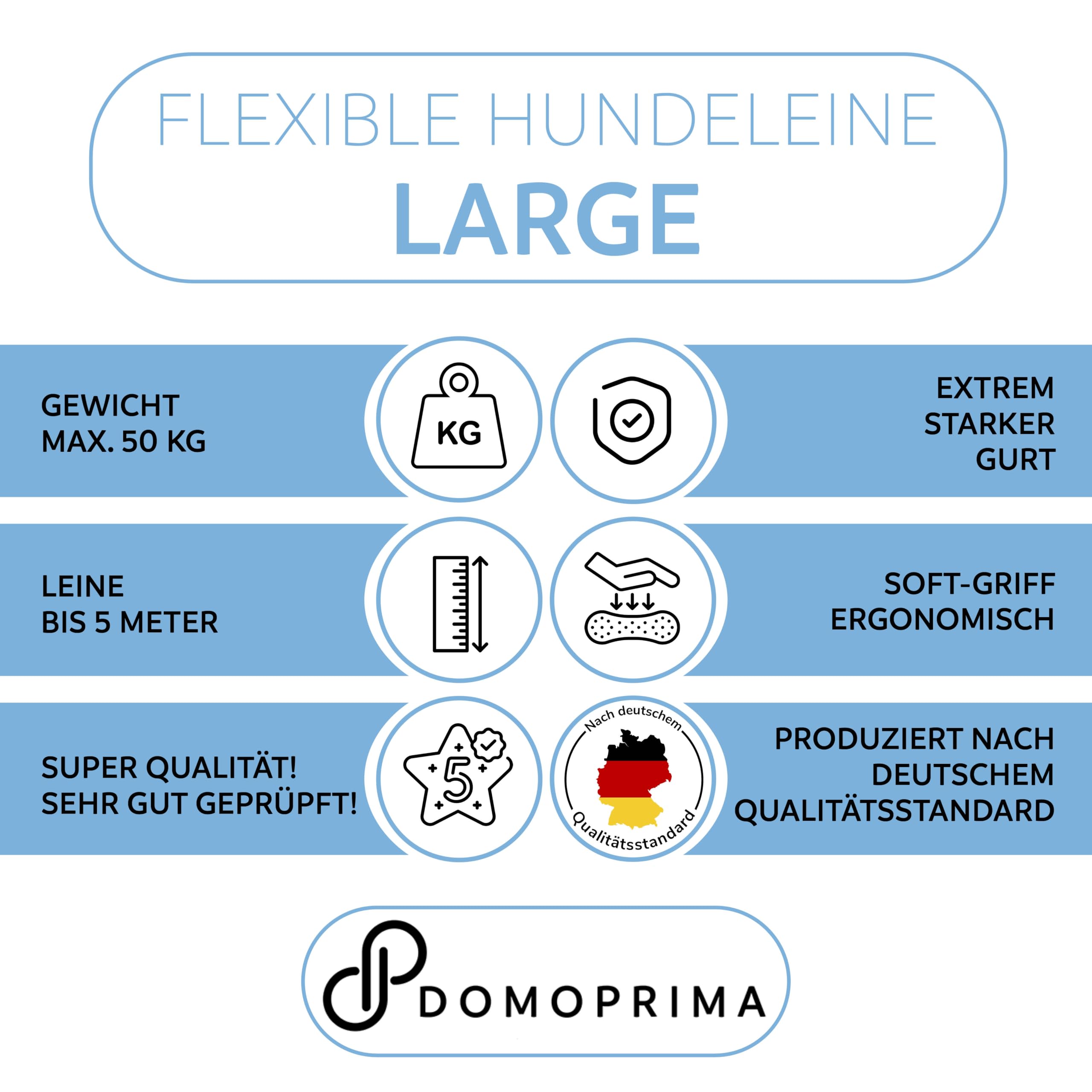 DOMOPRIMA Rollleine in 3 Größen (S,M,L) und 4 Farben (grau, blau, grün, pink) - Robuste und sichere Hundeleine für kleine, mittlere und große Hunde. Flexibel. (Grau, L)