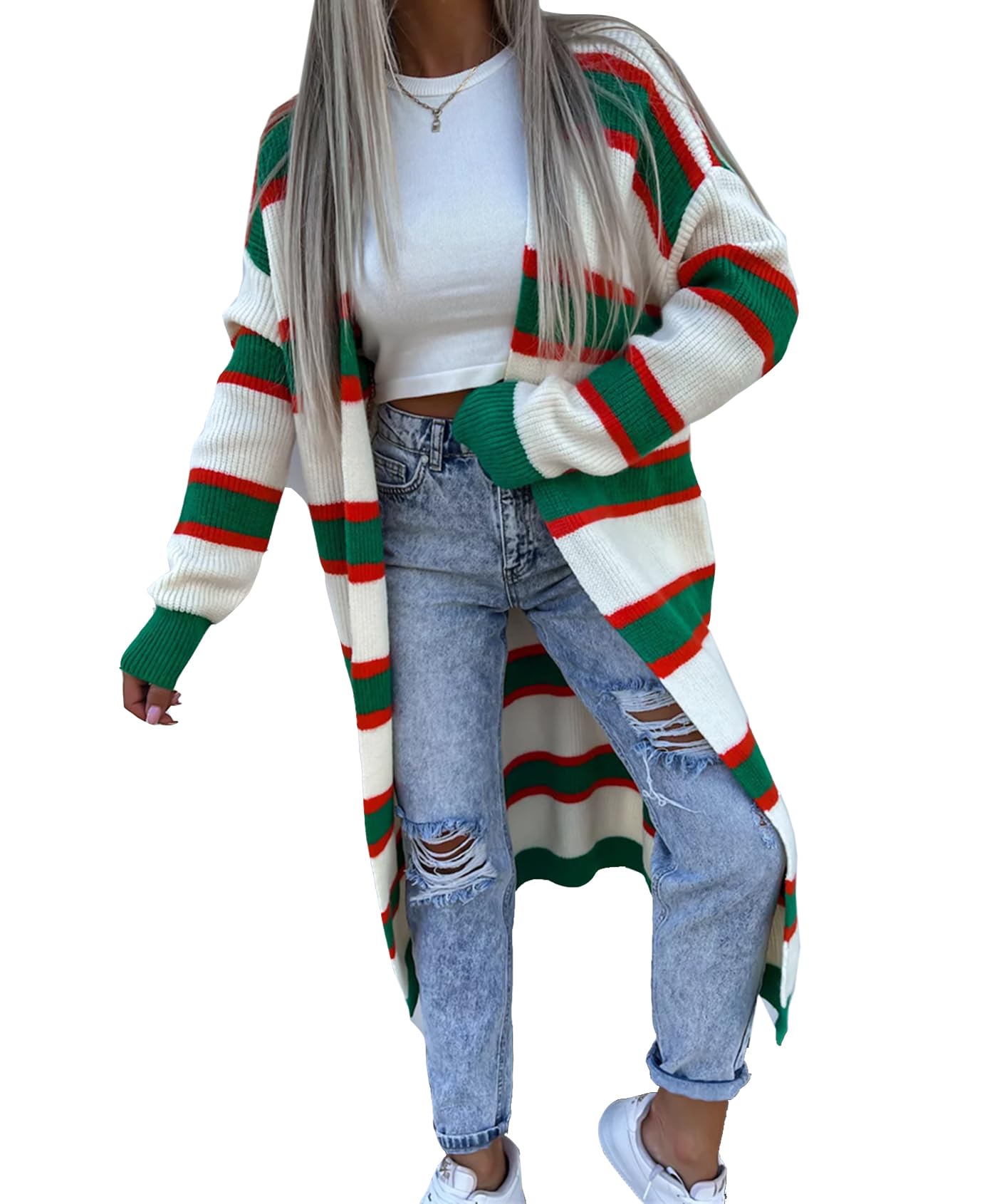 Womens Long Cardigan Sweater Color Block Striped Open Front Sweater Knitted Outwears