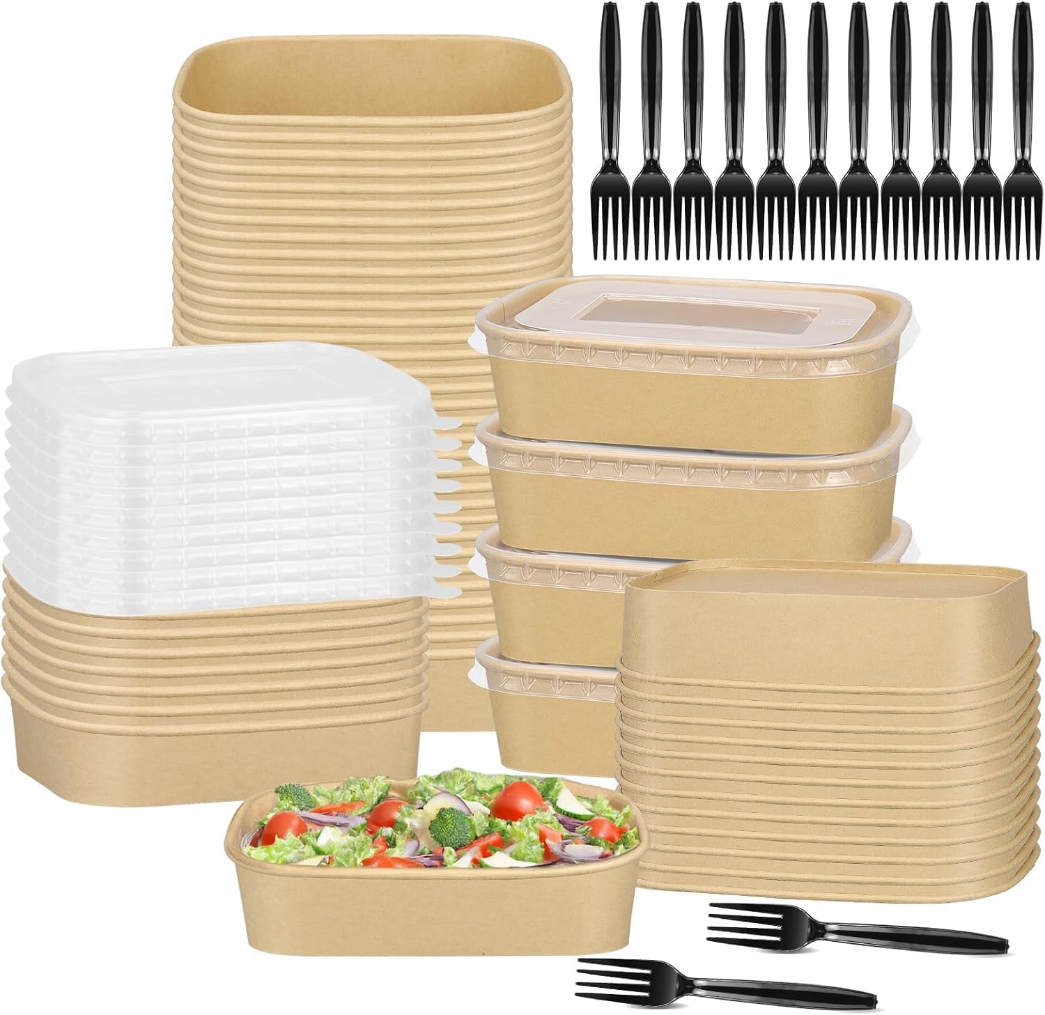 50 Pack Paper Food Containers with Lids, Meal Prep Bowls with Forks, 500ml