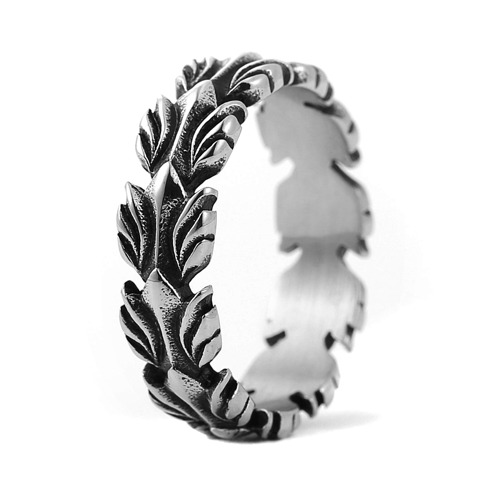 HZMANHZMAN Vintage Biker Band Silver Stainless Steel Olive Branch Ring for Men Woman Size 7-12