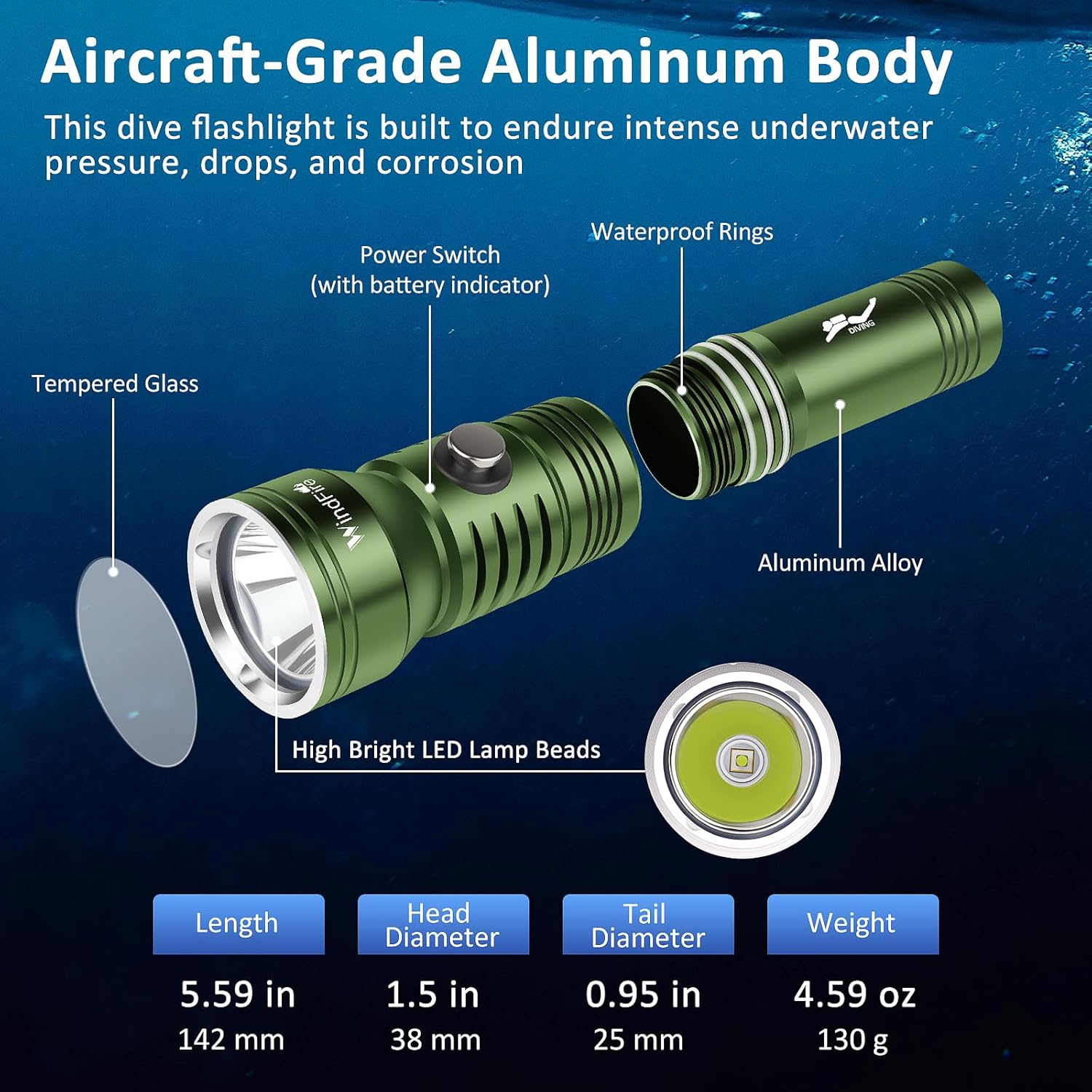 WINDFIRE Scuba Diving Light – Super Bright Diving Flashlight, IPX8 Waterproof 210 Feet Underwater Flashlight