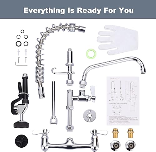 Miniatura 6 de Grifo de cocina comercial para montaje en pared con pulverizador de preenjuague de 21 pulgadas de altura, grifo de fregadero de cocina de 8 pulgadas