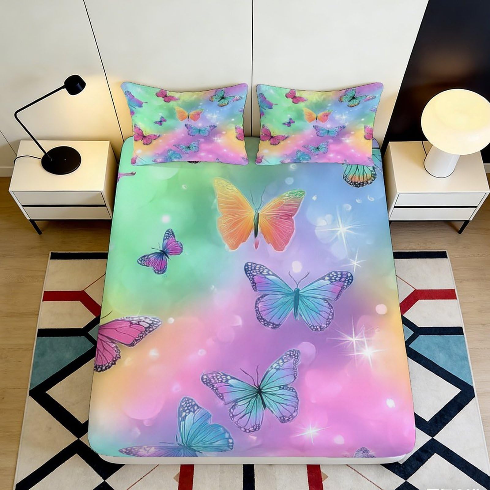 3D Printed Colorful Butterfly Fitted Sheet Microfiber Soft Breathable Rainbow Bed Cover for Bedroom Dormitory Guest Room Mattress Protection Decor 200x200x25cm