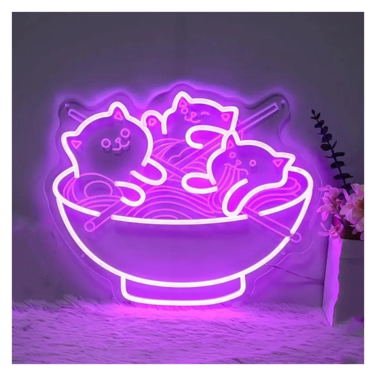 LEMST Signs Lamp Ramen Cat Neon Sign,Cute Cat Noodles Neon Light, Resturant Room Dorm Wall Decor 40x33cm(Purple)