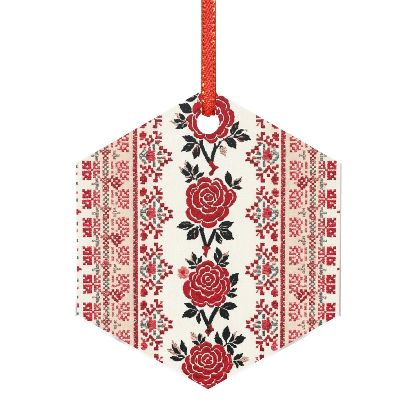 Acrylic Ornament Christmas Tree Decoration Clear Round Pendant with Red Ribbon Embroidery Rose Christmas Ornaments Indoor Outdoor Hanging Acrylic Pendants for Xmas Party Decor