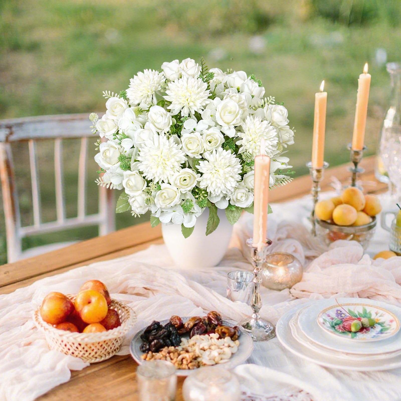 DEMIUKO 2 Bunches Artificial Flowers White Hydrangea Fake Roses Flowers Bouquet 12in Faux Silk Flowers Arrangement Indoor Floral Plants for Wedding Party Table Centerpieces Spring Home Vase Decor - Image 3