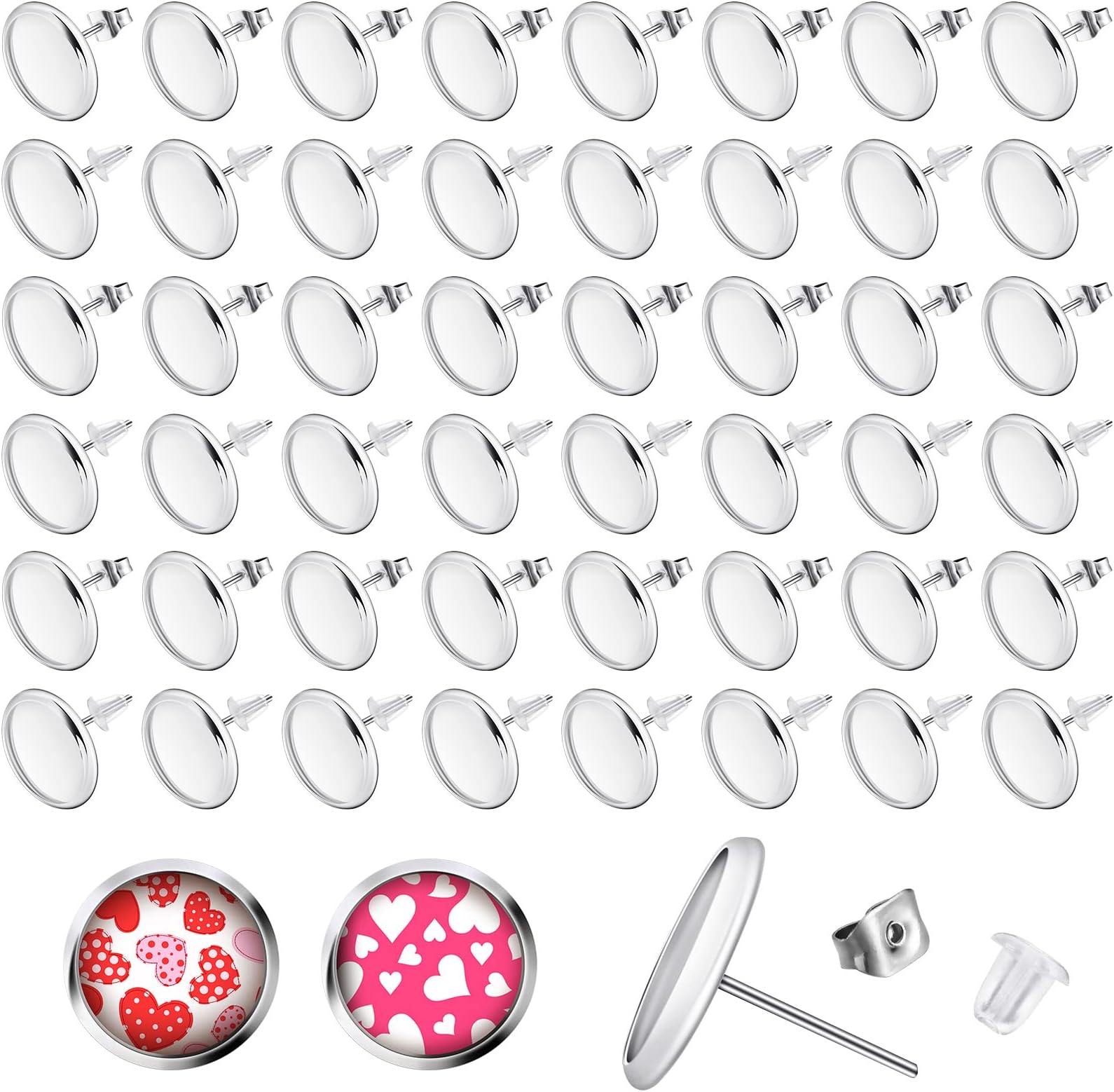 Hicarer 300 Pieces Stud Earring Kit Include 100pcs 12 mm Stainless Steel Blank Stud Earring Bezel Settings 100 Rubber Backs 100 Stainless Steel Earring Backs (Silver with Silver and Clear)