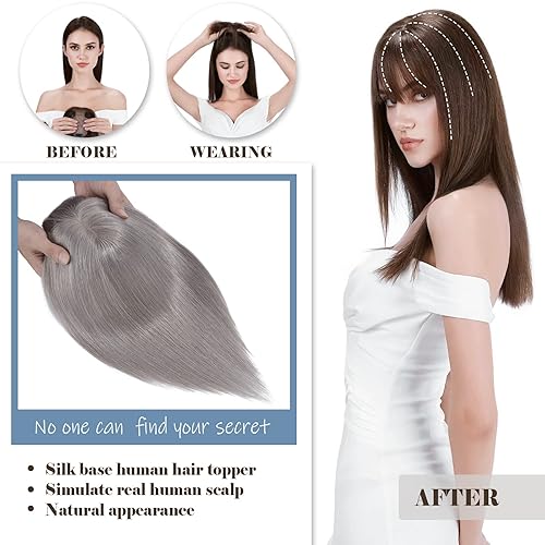 Miniatura 4 de Hairro Toppers de cabello humano para mujer, base de seda Remy, clip en la parte superior, postizo con flequillo de aire para adelgazar la pérdida
