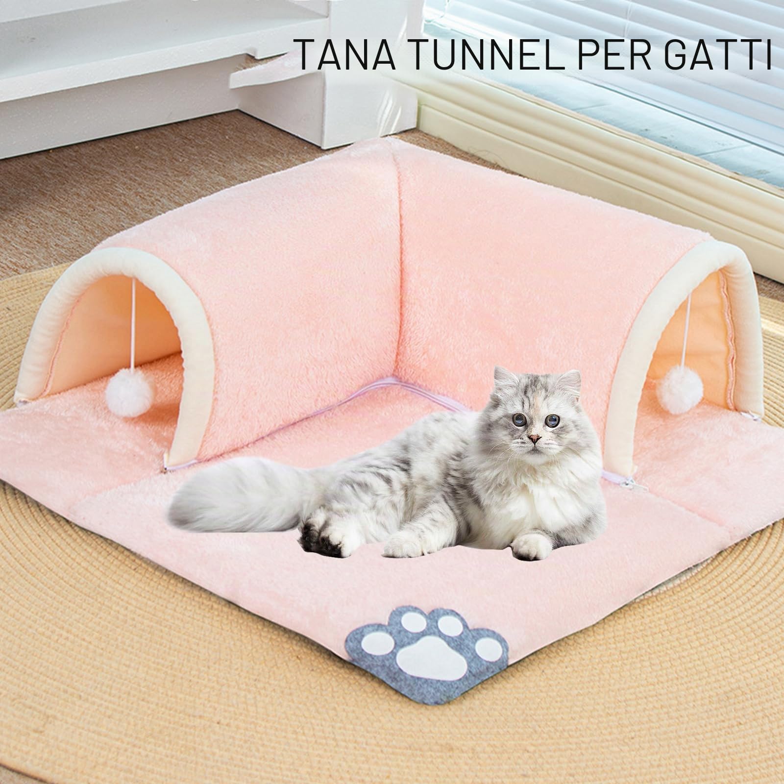Gatto a tunnel per gatti, 2 in 1, con tappeto, per gattini rimovibili, lavabile, con giocattolo a sfera, 50 x 50 cm (rosa)