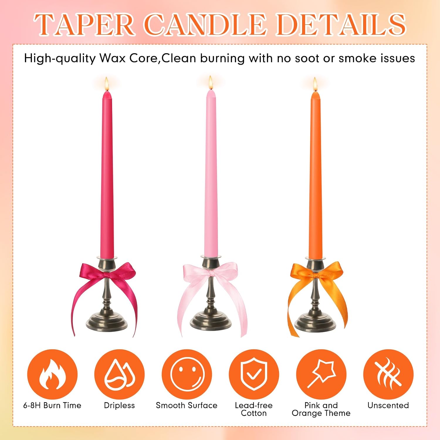 12 Pcs Pink and Orange Party Taper Candles with 3 Roll Ribbon 10 Inch Candle, Candlestick Decor for Baby Shower, Home, Thanksgiving, Wedding, Summer, Sunset, Fall, Dinner Party Decor