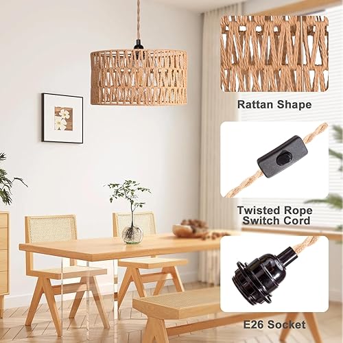 Miniatura 7 de Luces colgantes colgantes con cable enchufable, luces colgantes con pantalla de lámpara de ratán, cuerda de cáñamo de 16.4 pies, accesorio de