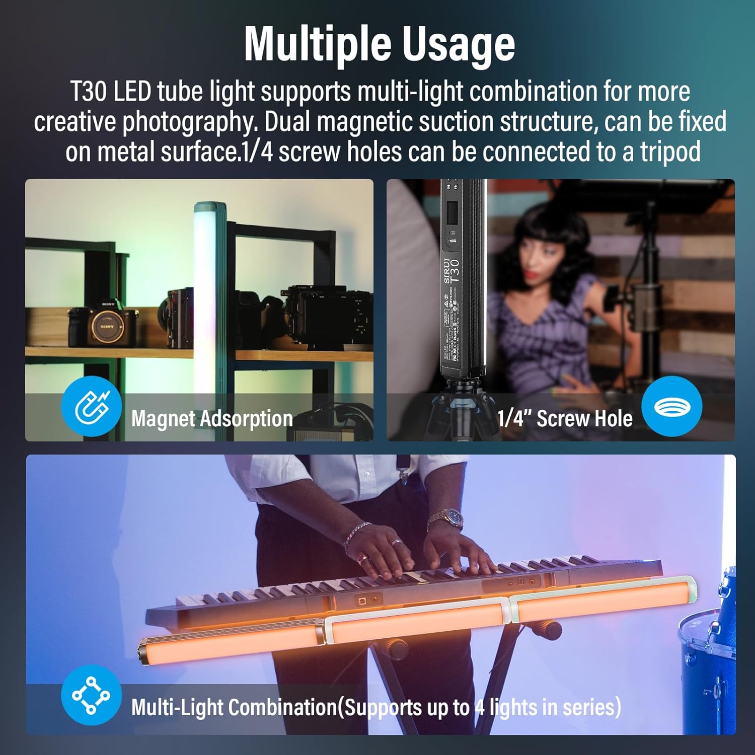 SIRUI 30W RGB LED Video Light Stick, 2500K~7000K, 2580 lux/0.5m, TLCI 98, CRI 96, 6 Pixel Effects, Full-Color LED Tube Light, Reverse Charging, Magnetic Light, White