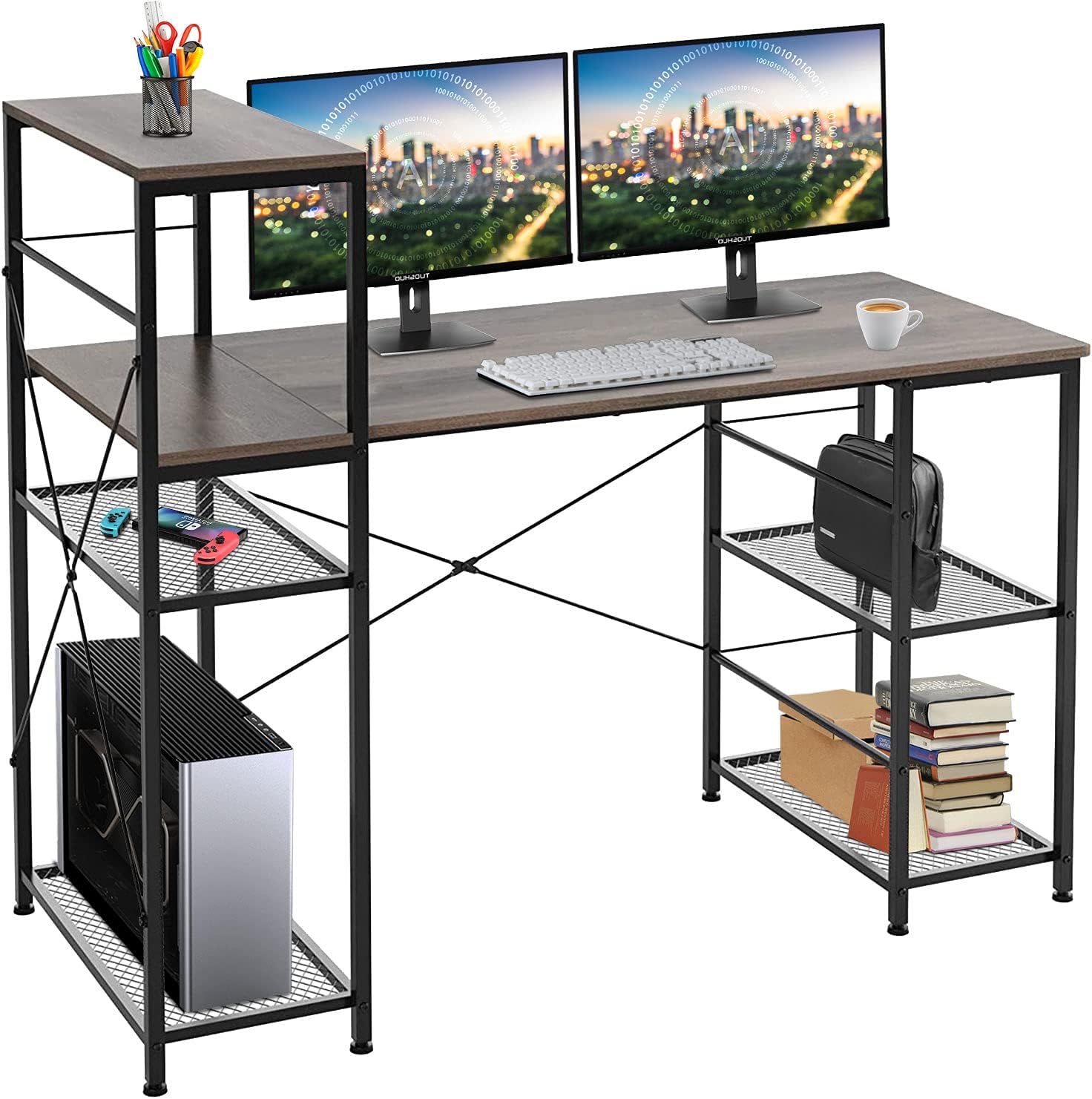 PayLessHere Computer Desk with Shelves 52 Inch, Modern Home Office Desk with Adjustable Bookshelf Corner Desk for Study and Work, Vintage