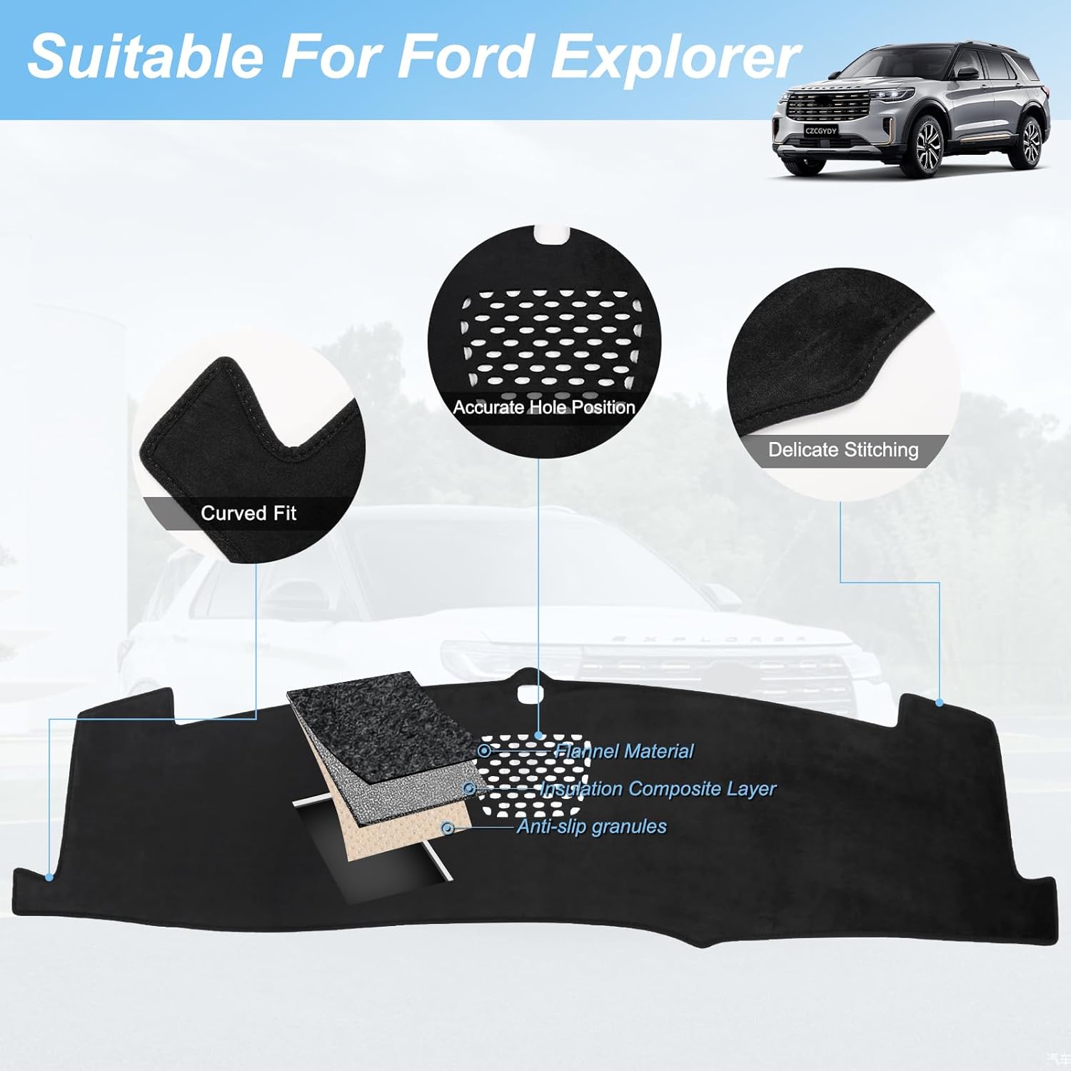 CZCGYDY Dashboard Cover Dash Mat Custom Fit for Ford Explorer 2020 2021 2022 2023,Non-Slip Flannel Interior Dash Cover for Explorer,Anti-Glare,Easy to Clean(Without HUD)