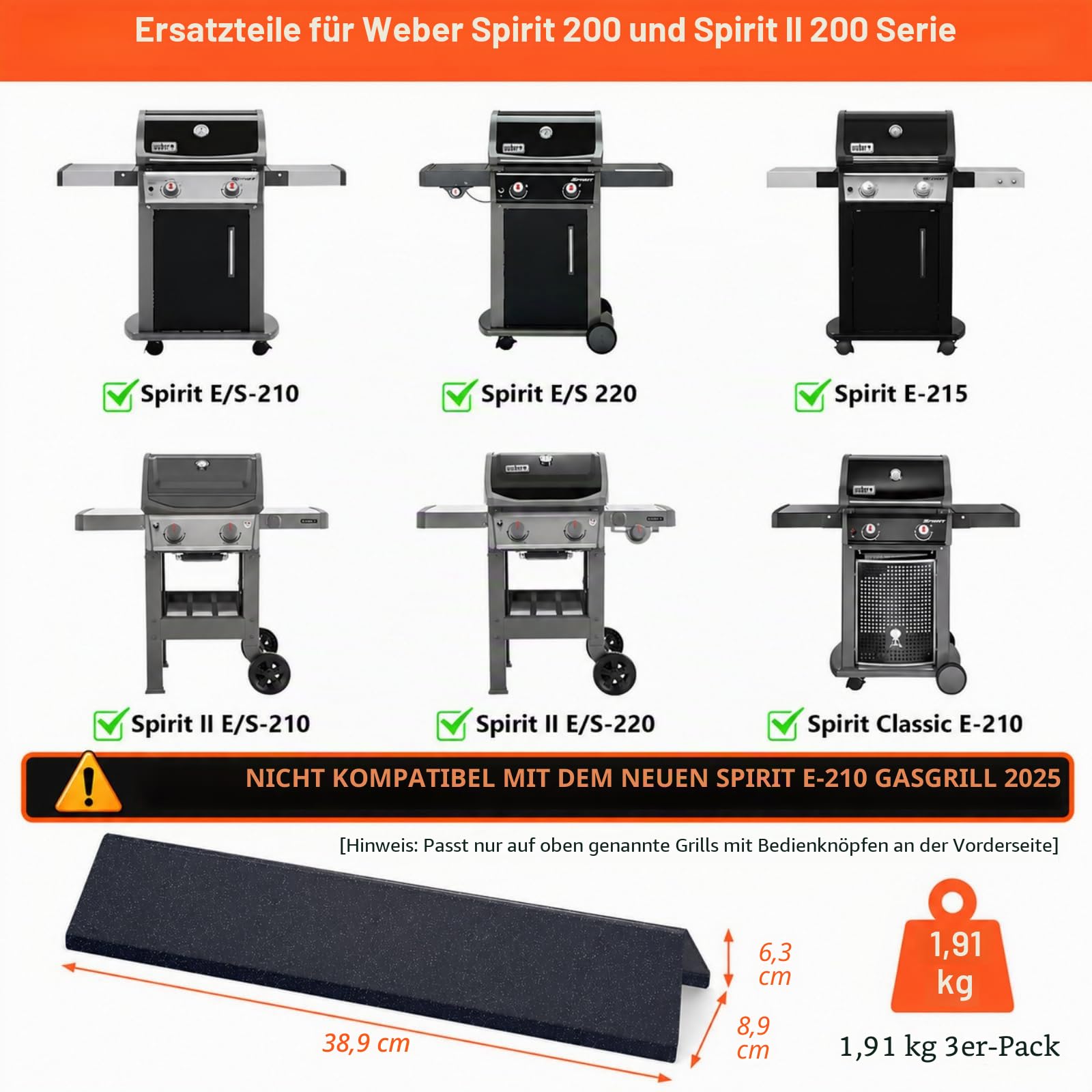 QuliMetal Aromaschienen für Weber Spirit 200 und Spirit II 200 Serie, 38,9 cm Flavorizer Bars passend für E210 E220 S210 S215 mit Frontbedienung, Ersatz für Weber 7635