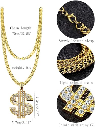 Miniatura 3 de Accesorios de los años 80 y 90 para hombre, kit de disfraz de hip hop, sombrero de cubo, letrero de dinero, collar, cadena de eslabones y pulsera,