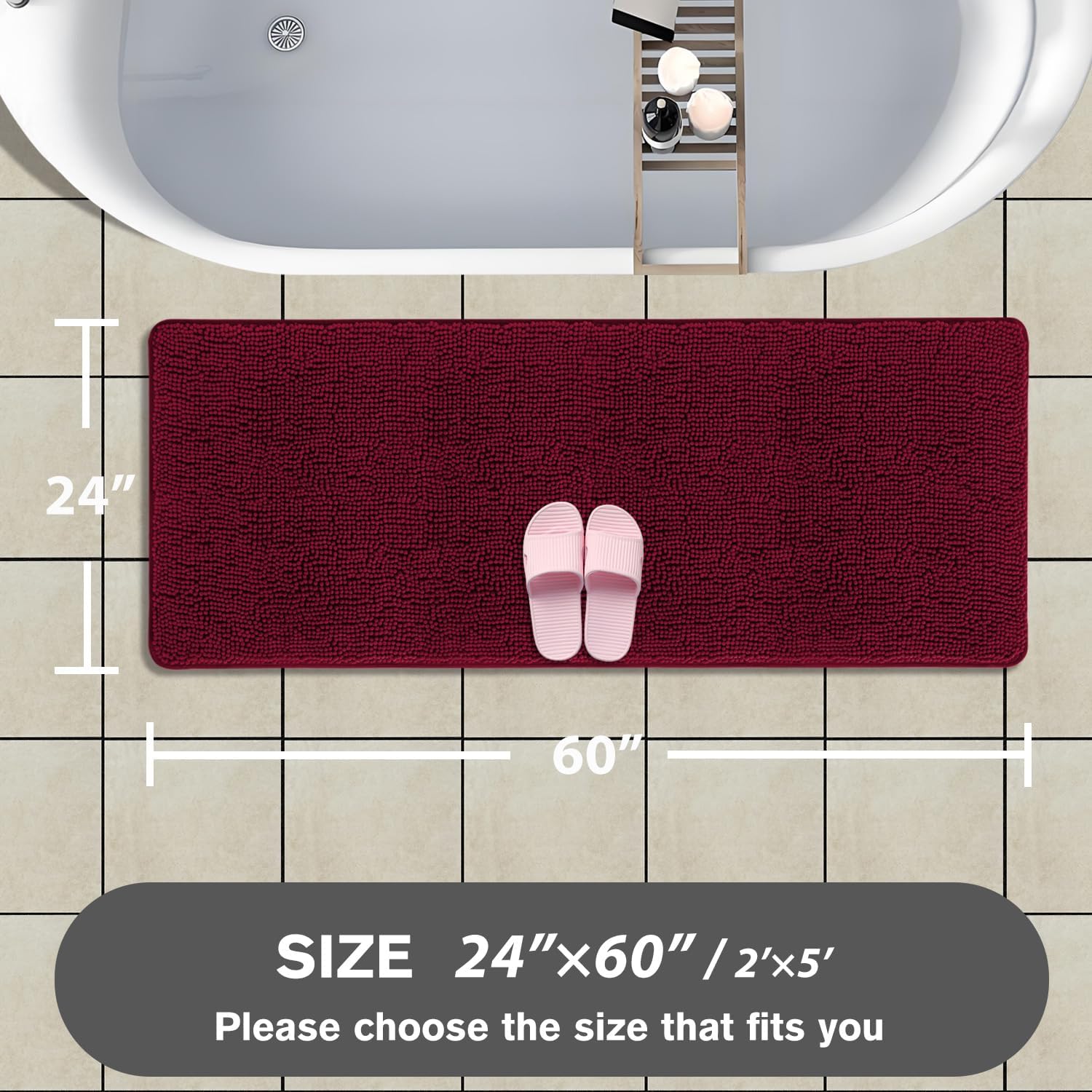 Bathroom Runner Rug 24 x 60 Inch – Extra Large Long Bath Mat | Absorbent and Washable Thick Chenille Bath Rug Non-Slip Runner Rug for Bathroom, Shower, Sink(Vivid Burgundy) - Image 2