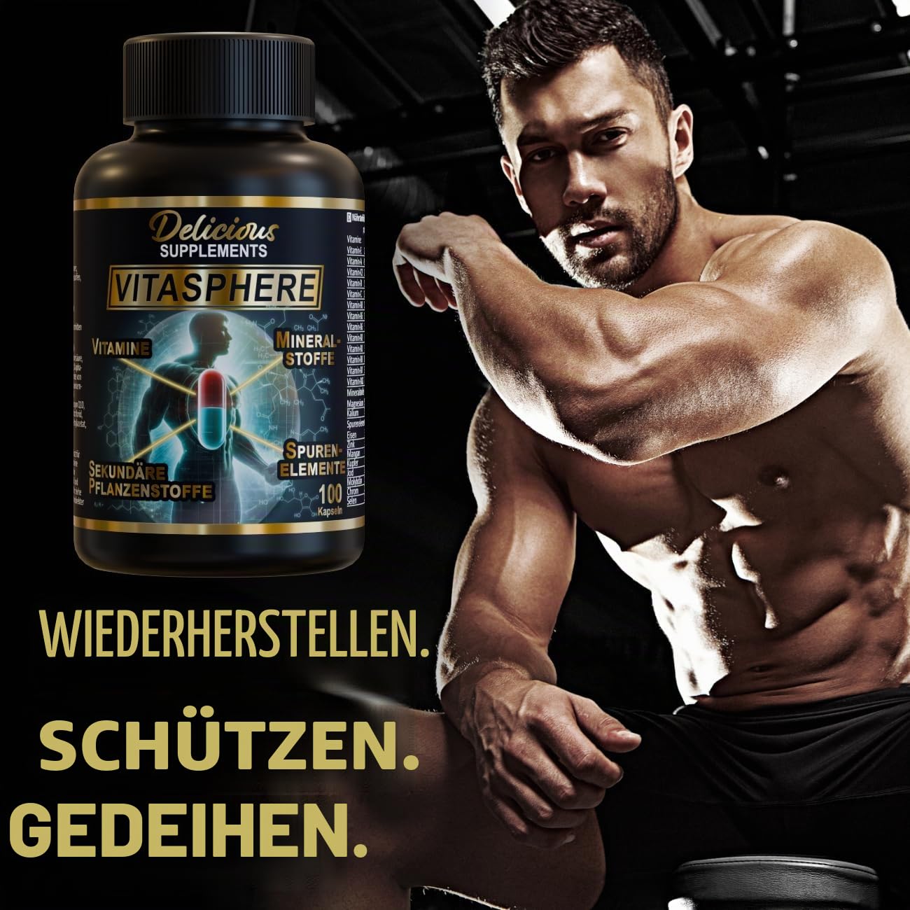 Vitasphere Multivitamin - mit Vitamin C, D, E, B6, B12, Zink & Magnesium - 100 Kapseln für 100 Tage, Nahrungsergänzungsmittel mit Vitaminen & Mineralstoffen - Delicious Supplements - Made in Germany