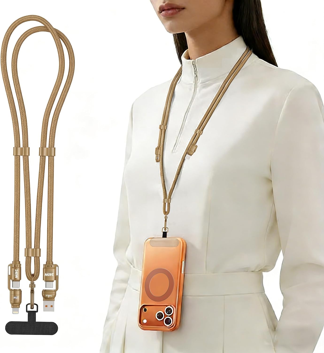 4-in-1 Charging Lanyard,1.5m/4.9ft Adjustable Crossbody Strap with 240W Fast Charging Data Sync for iPhone,Android