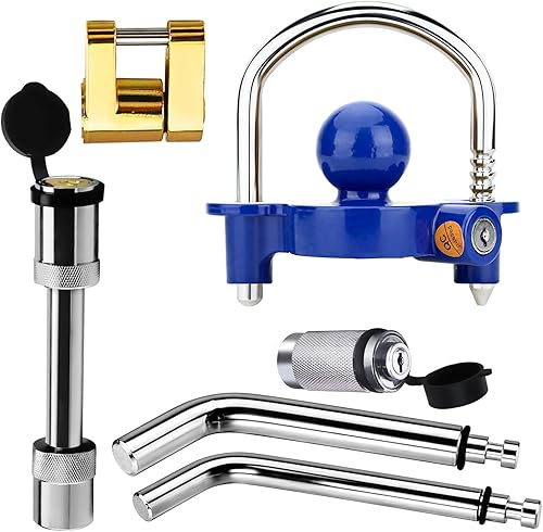 Funmit Juego de cerraduras de enganche de remolque con 2 llaves, incluyendo cerradura universal azul para remolque, 2 cerraduras de enganche de