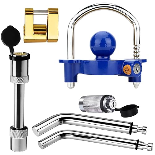 Funmit Trailer Hitch Lock Set with 2 Keys, Including Blue Universal Trailer Lock, 2 Bent Trailer Hitch Locks (1/2"Dia and 5/8"Dia) , 1 Trailer Hitch Lock (5/8"Dia), Gold Coupler Pin Lock - Only 2 keys
