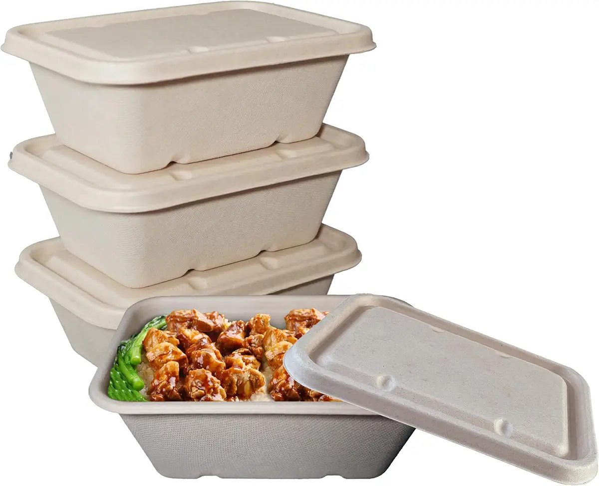EcoQuality 34oz Disposable Bowls with Fiber Lids - Rectangular Compostable Sugarcane Fiber Biodegradable Paper Bowls Eco-Friendly Take Out Food Storage Containers, Microwave Safe, Meal Prep (25 PACK)