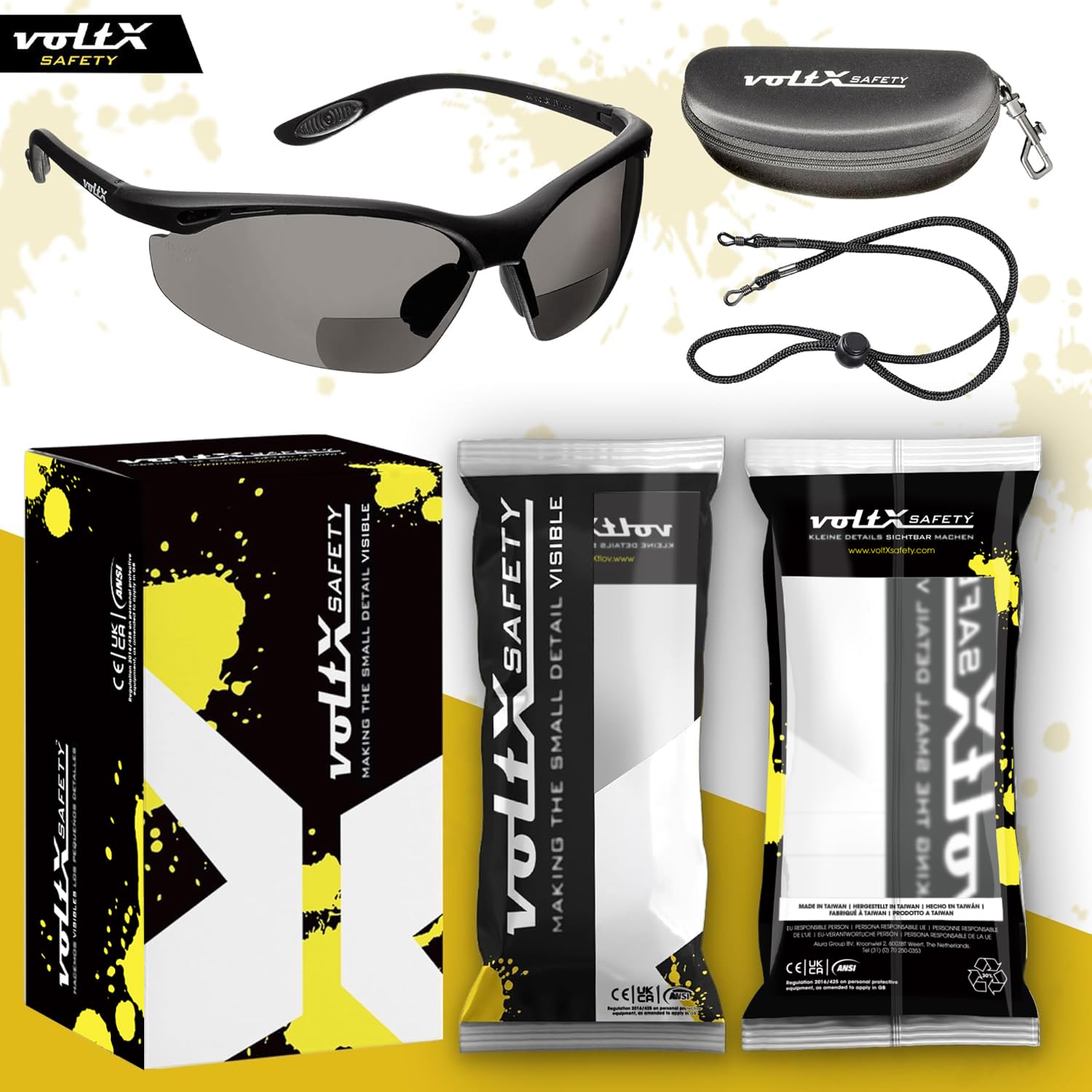 voltX 'CONSTRUCTOR' (AHUMADO/GRIS dioptría +1.0) Gafas de Seguridad de Lectura BIFOCALES que cumplen con la certificación CE EN166F - cuerda de seguridad + estuche de seguridad rígido con bisagras