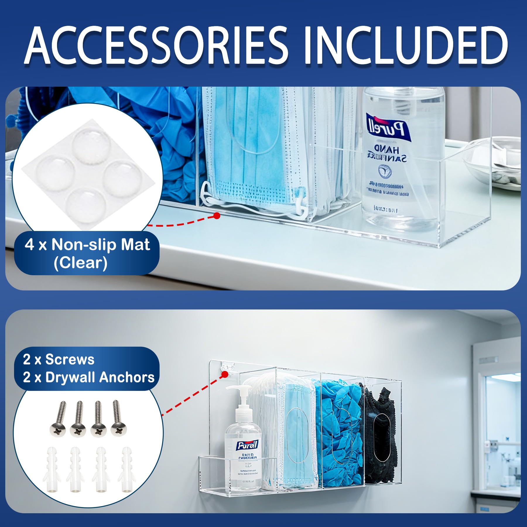 SEANADO Dispensador de guantes y desinfectante de manos con tapa, acrílico transparente, para montaje en pared o como expositor de mesa con 4 compartimentos para mascarillas, cubrezapatos, redecillas