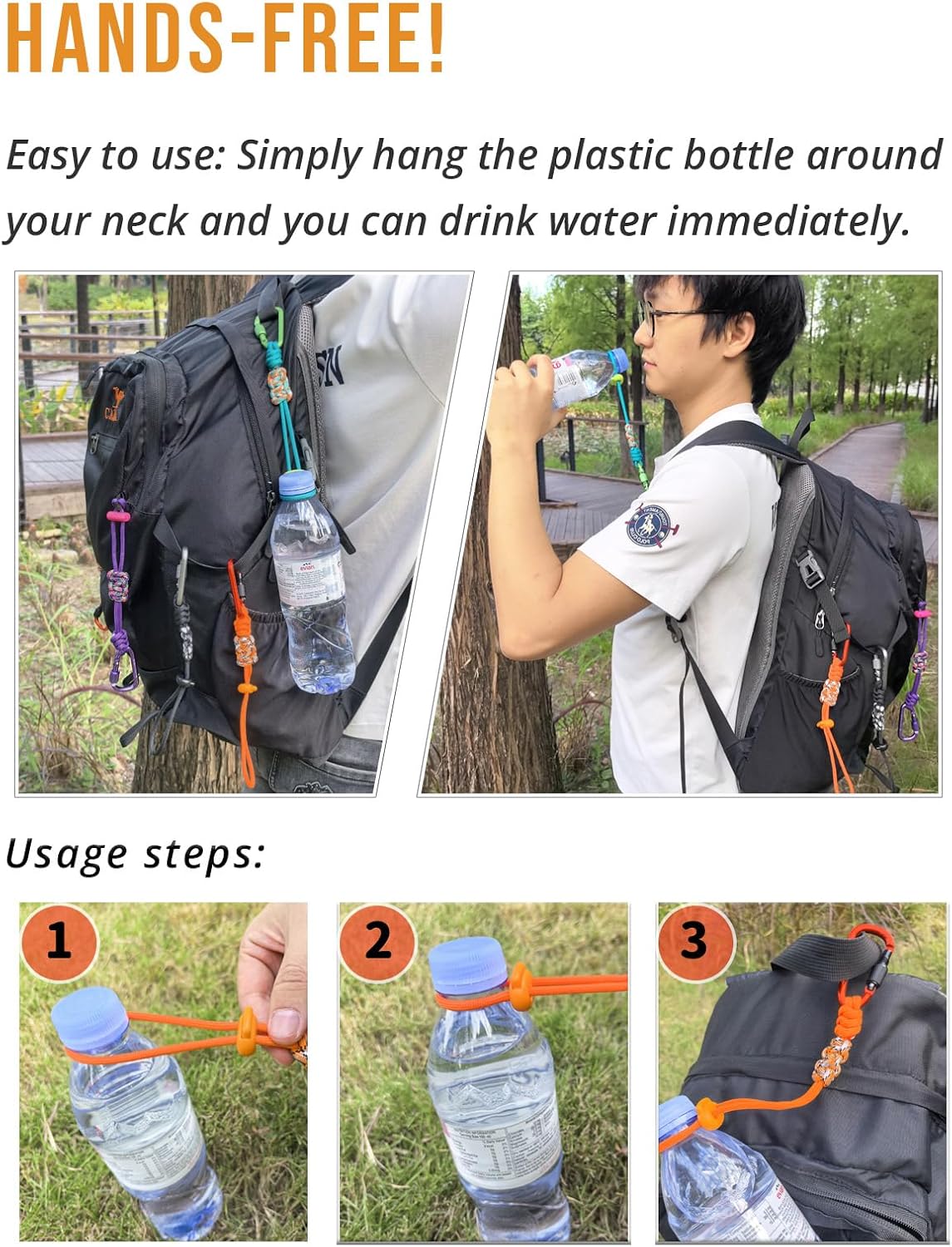 2-Pack Paracord Water Bottle Carrier Clip with Locking Carabiner, Adjustable Handle Strap for Backpacks & Belts, Securely Fits Bottles Up to 3.15", Hands-Free Hiking & Travel Accessories