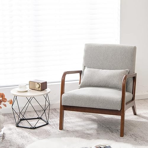 KOTEK Silla decorativa moderna de mediados de siglo con almohada lumbar, sillón de lectura con marco de madera de goma, asiento y respaldo