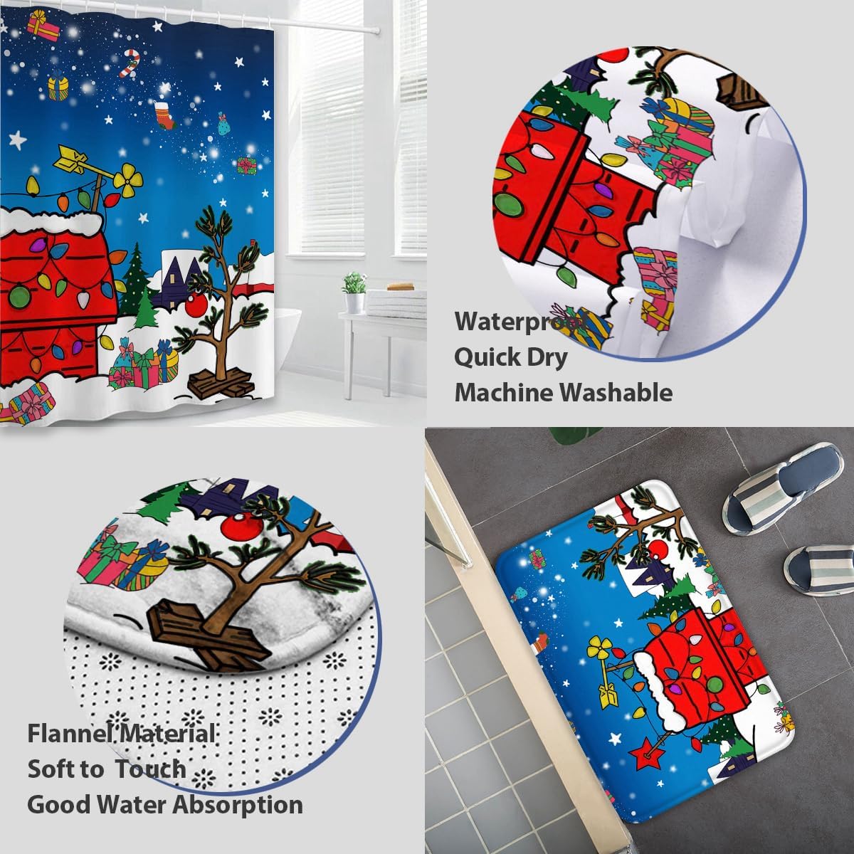 4 Pcs Winter Chirismas Shower Curtain Sets with Rugs Red House Cartoon Bathroom Set Home Bath Bathtub Decor Durable Curtains Mats for Bathroom 72 x 72 Inch