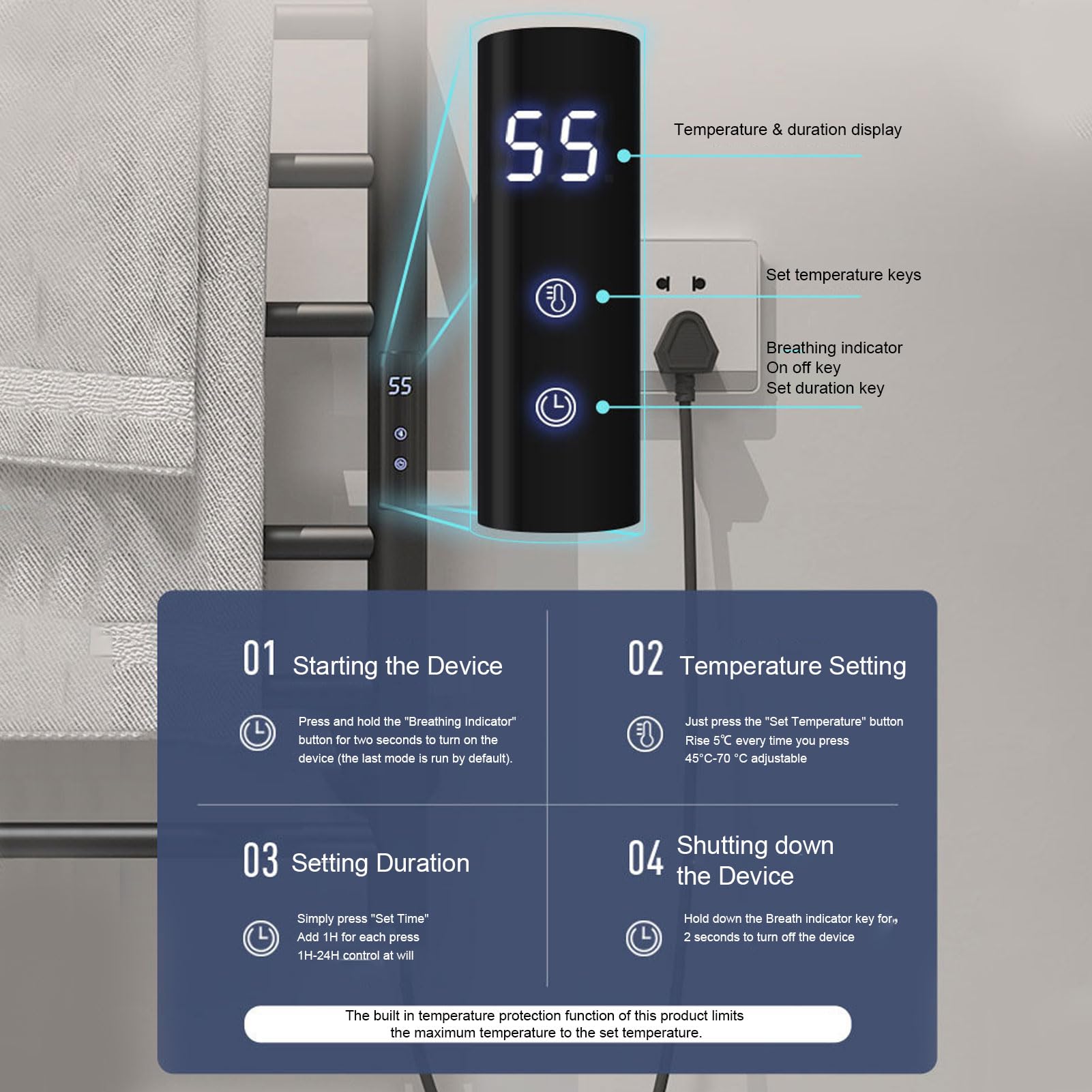 Heiße Handtuchstange, 10 Edelstahlstangen Trockenstange, Digitaldisplay -Controller mit Intelligenter App, Timer, Wandmontierte, Beheizte Handtuchwärmer für Badezimmer, (EU -Stecker 220 V)