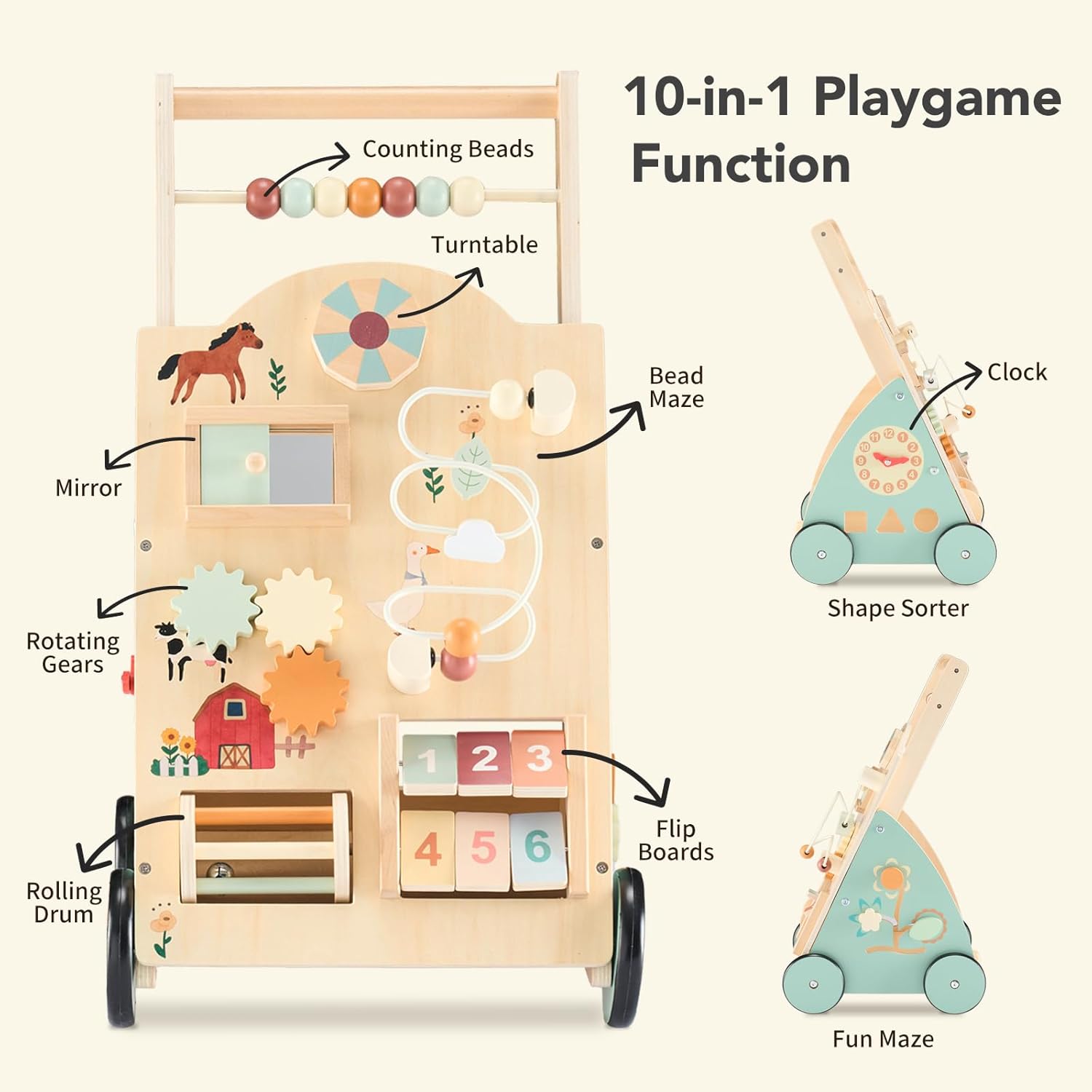 NEWBULIG Wooden Baby Walker for First Steps, Adjustable Speed Push Walker with Montessori Activity Center, Silent Wheels Baby Walking Toys