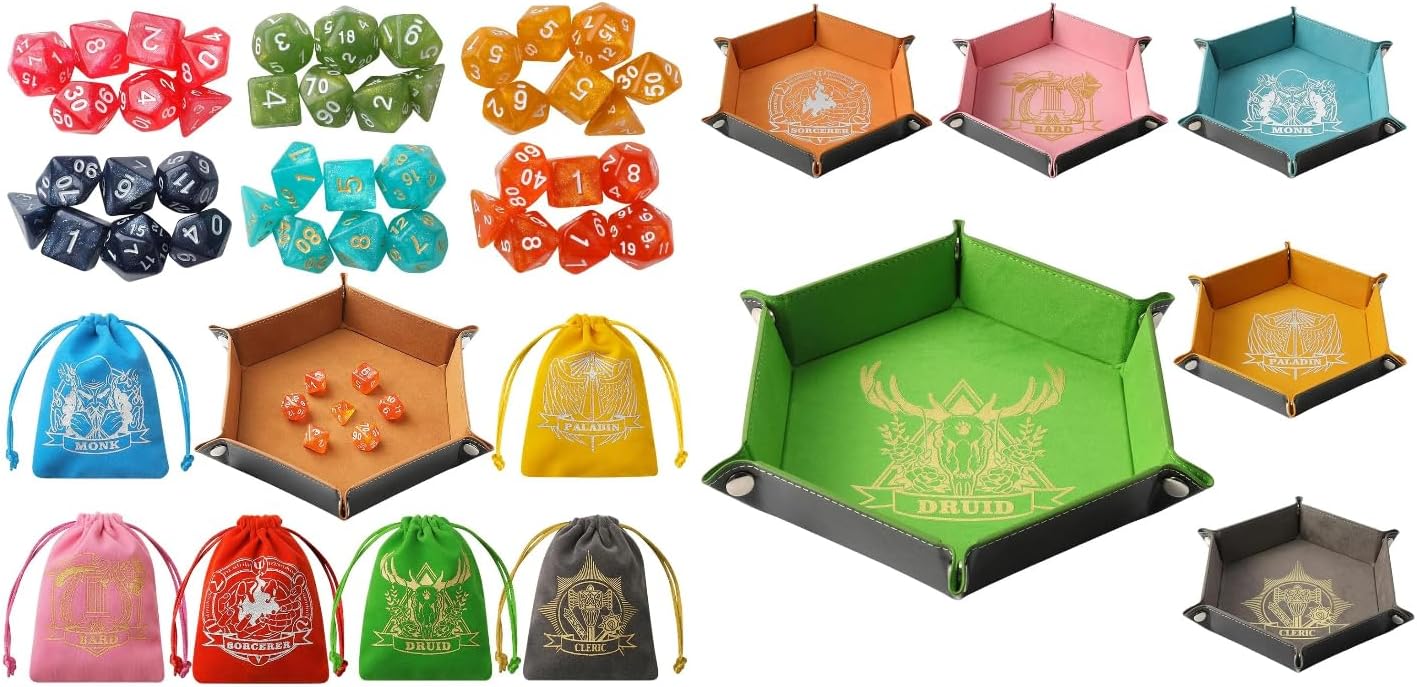 D&D Dice Sets & 6 Pcs DND Dice Tray with Characters Pattern