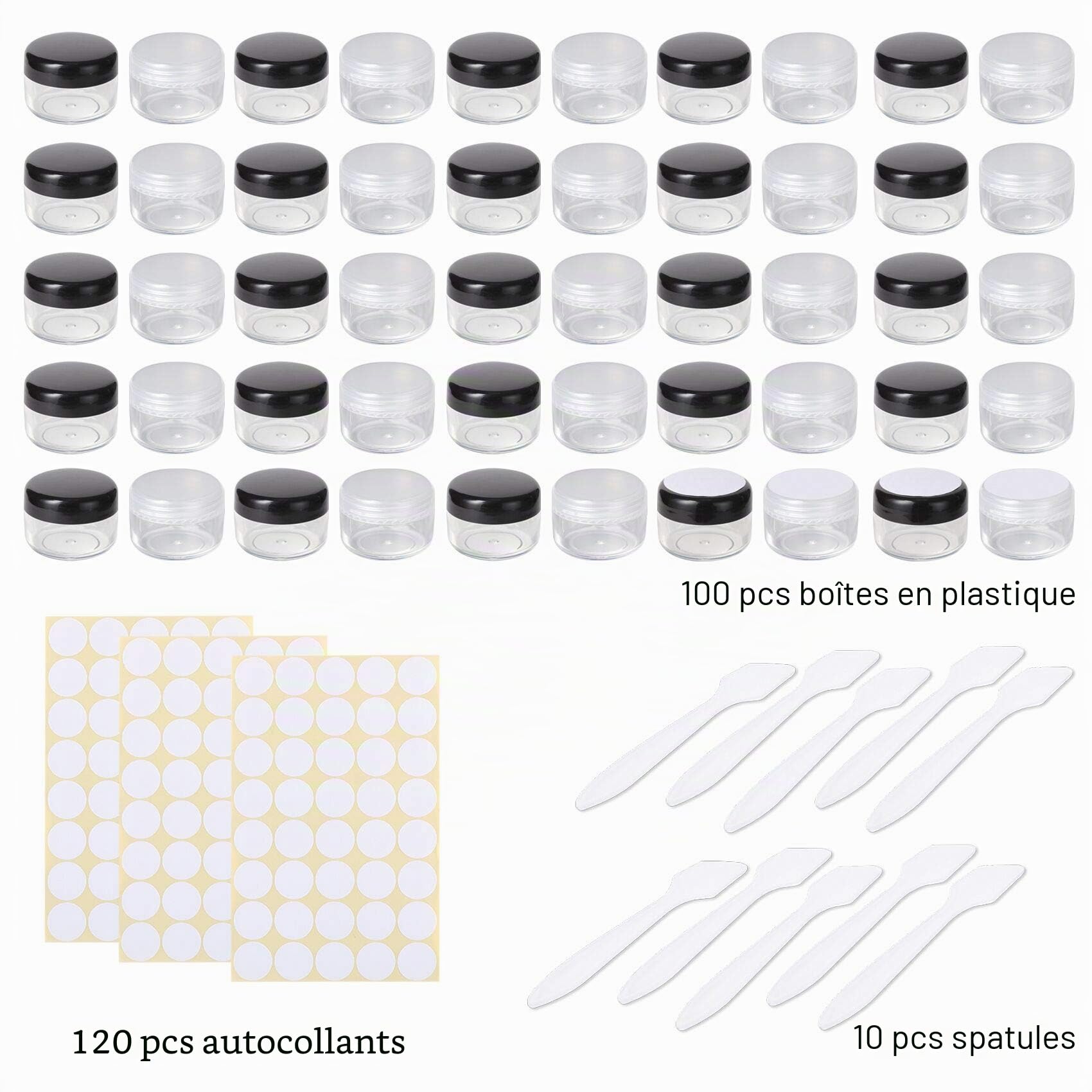 100 Pièces 5ml Conteneur Cosmétique Bidon Vide Transparent Noir et Blanc Petit Pot de Voyage Rond en Plastique,Peut être utilisé pour Le Baume à Lèvres, La Lotion, La Crème,Les Pilules …