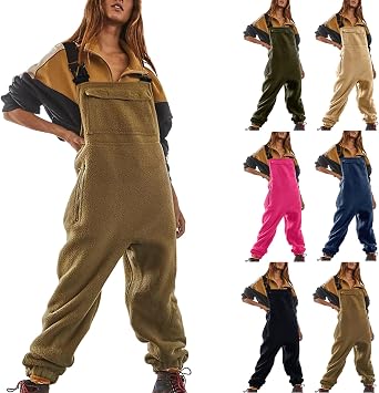 Women Fleece Overalls Winter Fuzzy Jumpsuits with Pocket One-piece Fluffy Snow Bibs Adjustable Strap Snowsuit