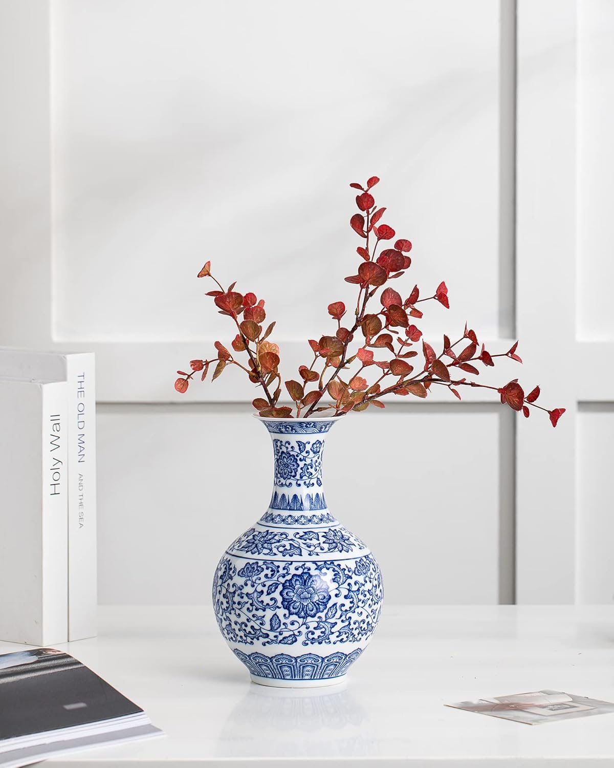 Blue and White Vase, Blue Vases Home Décor, Chinoiserie Vase, Blue and White Porcelain, Ceramic Vase for Home, Living Room, Bookshelf, Mantle Fireplace,Table Centerpieces,9.5"