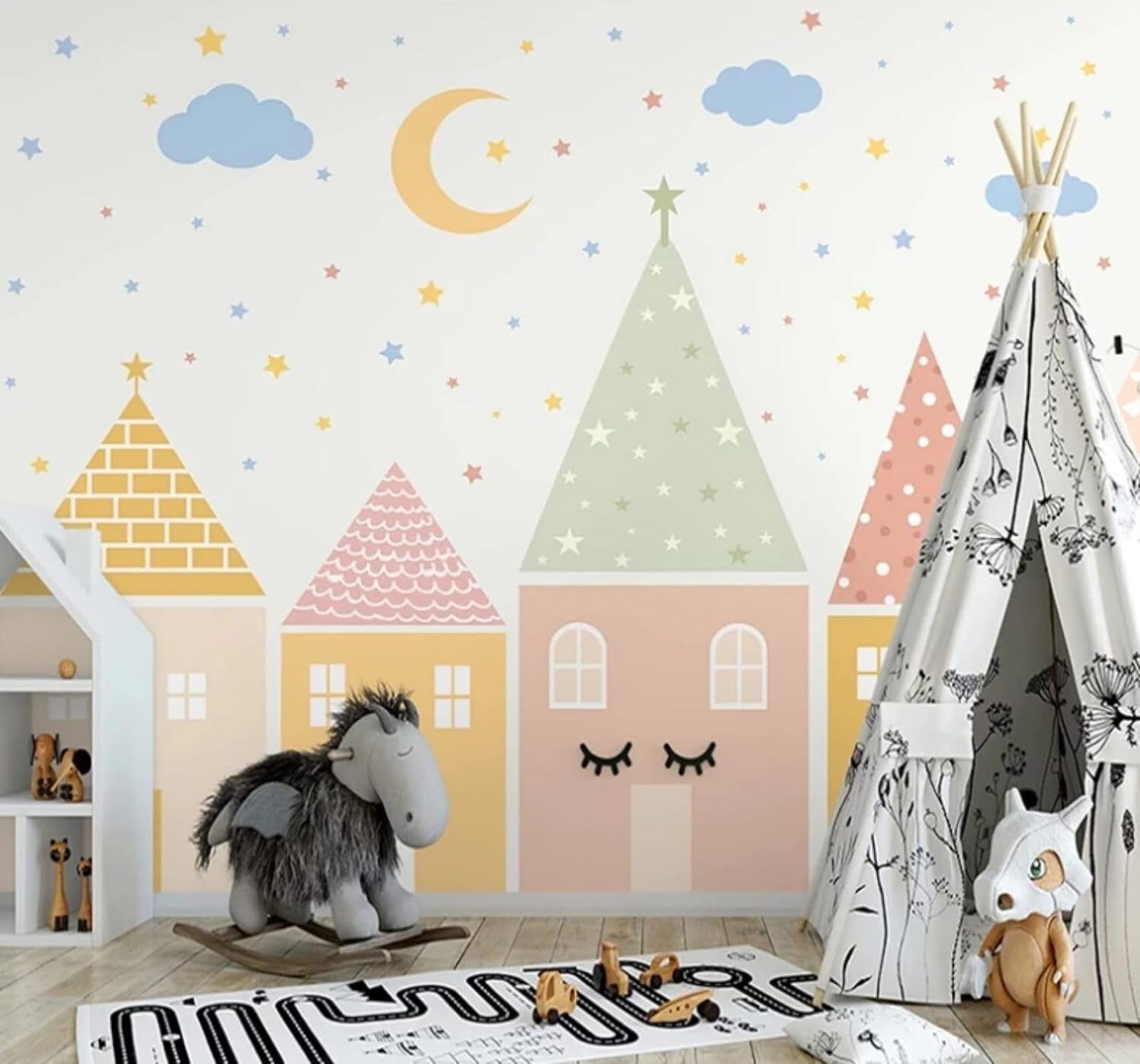 XLMING Hand Drawn Stars Moon Cartoon House 3D Wallpaper Luxury Home Dining Decor Paste Sofa Living Room The Wall for Bedroom Mural-430cm×300cm