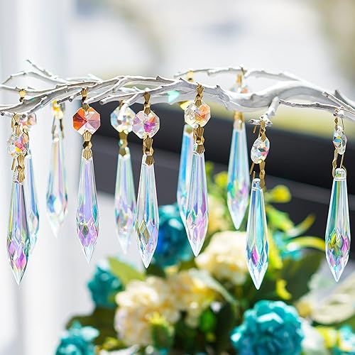 20 prismas de cristal de colores grandes para candelabros atrapasoles, 2.480 in de cristal de carámbanos en U piezas de lámpara con clips de arco de
