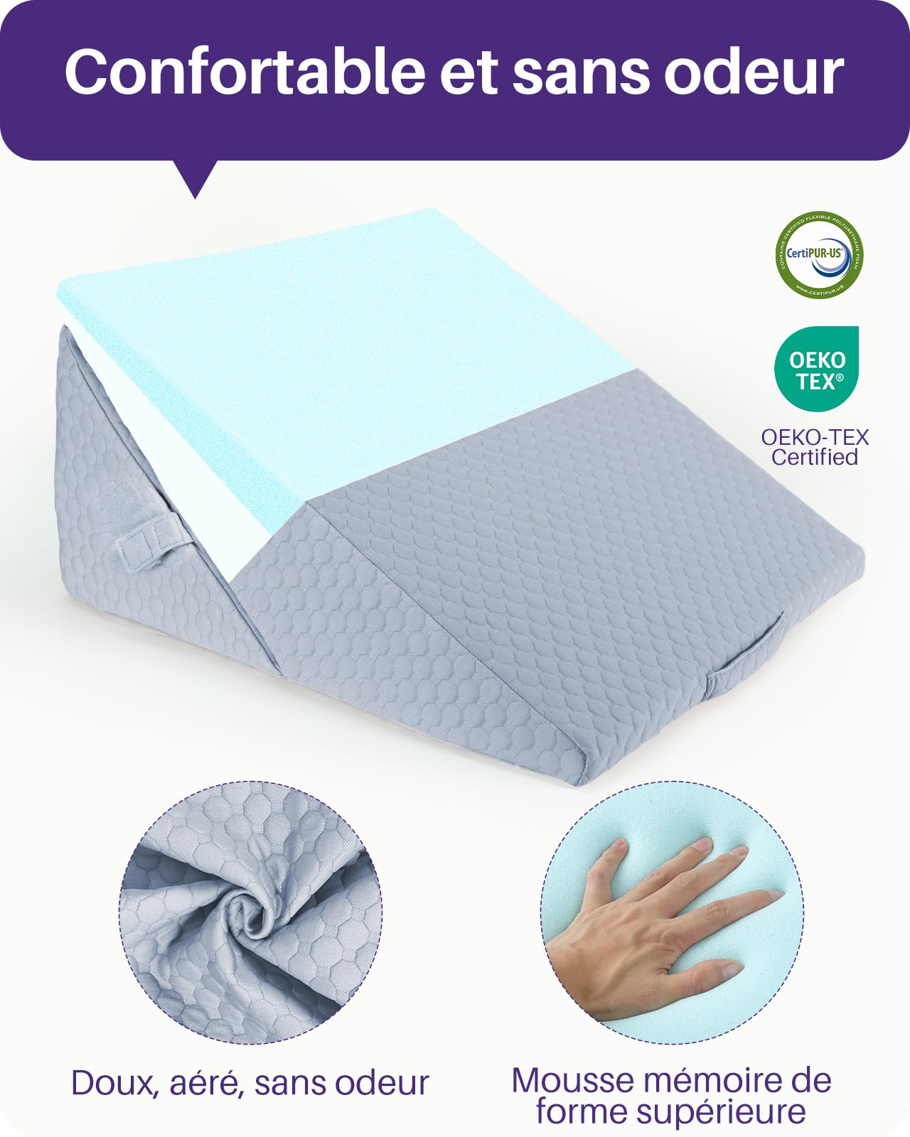 Kekoy Rehausseur Matelas Adulte Réglable – Idéal Contre l’Apnée, Reflux Acide, Douleurs Dorsales, Ronflements | Oreiller Anti-Reflux en Mousse à Mémoire, Housse Amovible, Poignée (Gris)