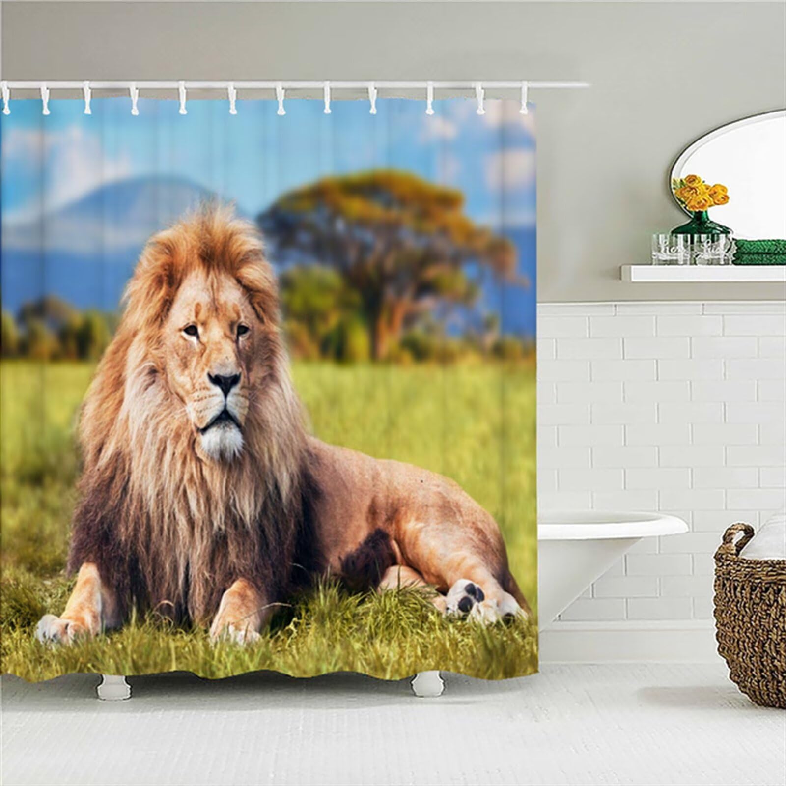lion Rideau Douche W300cm x L200cm Rideaux de Douche Anti Moisissure Tissu Imperméable avec Crochets, Rideaux Lourd Polyester Lavable, 3D Shower Curtain Hôtel Baignoire Salle de Bains Decor M-88
