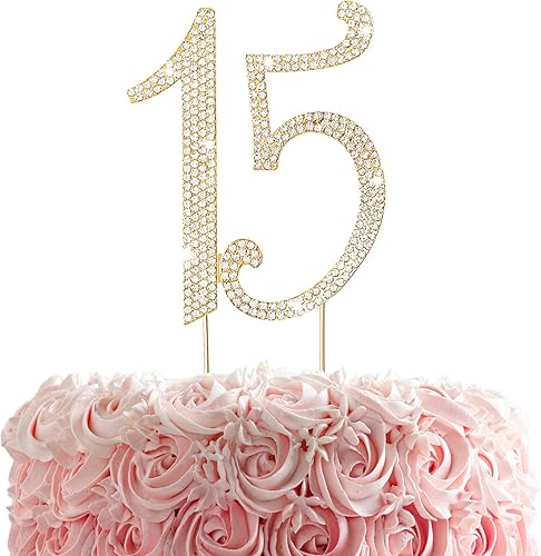 Decoración para tartas con diamantes de imitación de 15 años, decoración dorada para tarta de cumpleaños número 15, decoración de fiesta de