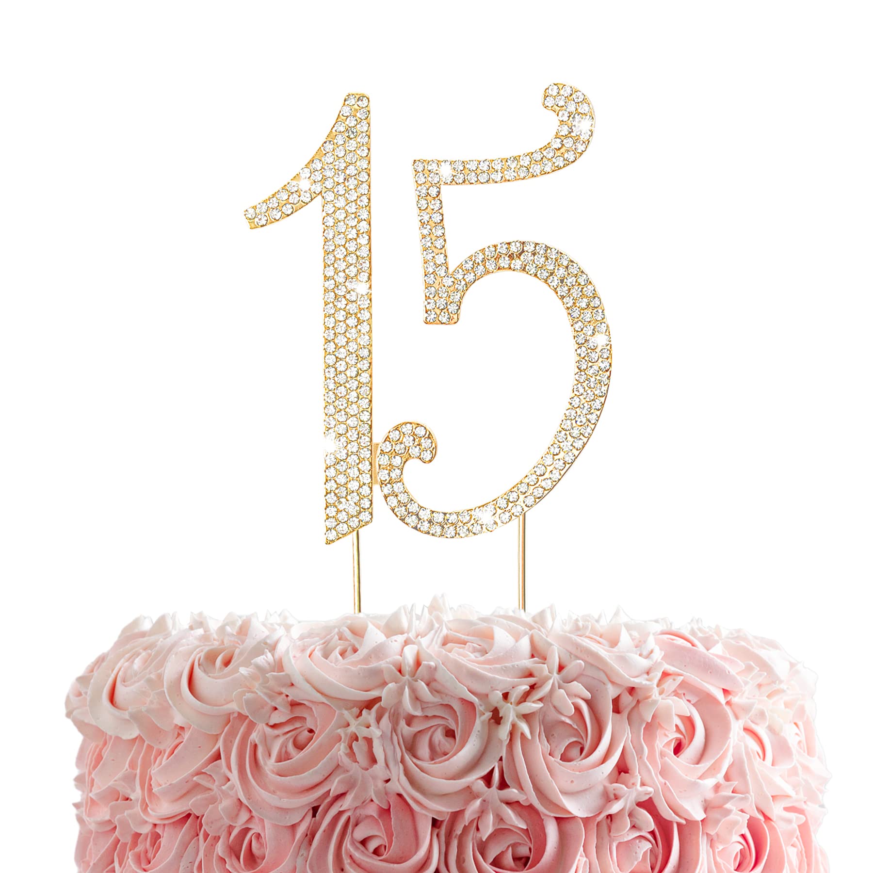 HOKPA 15th Rhinestones Cake Topper, Gold 15th Birthday Cake Decoration, Adult Ceremony or Anniversary Party Decor Ideal Perfect Keepsake