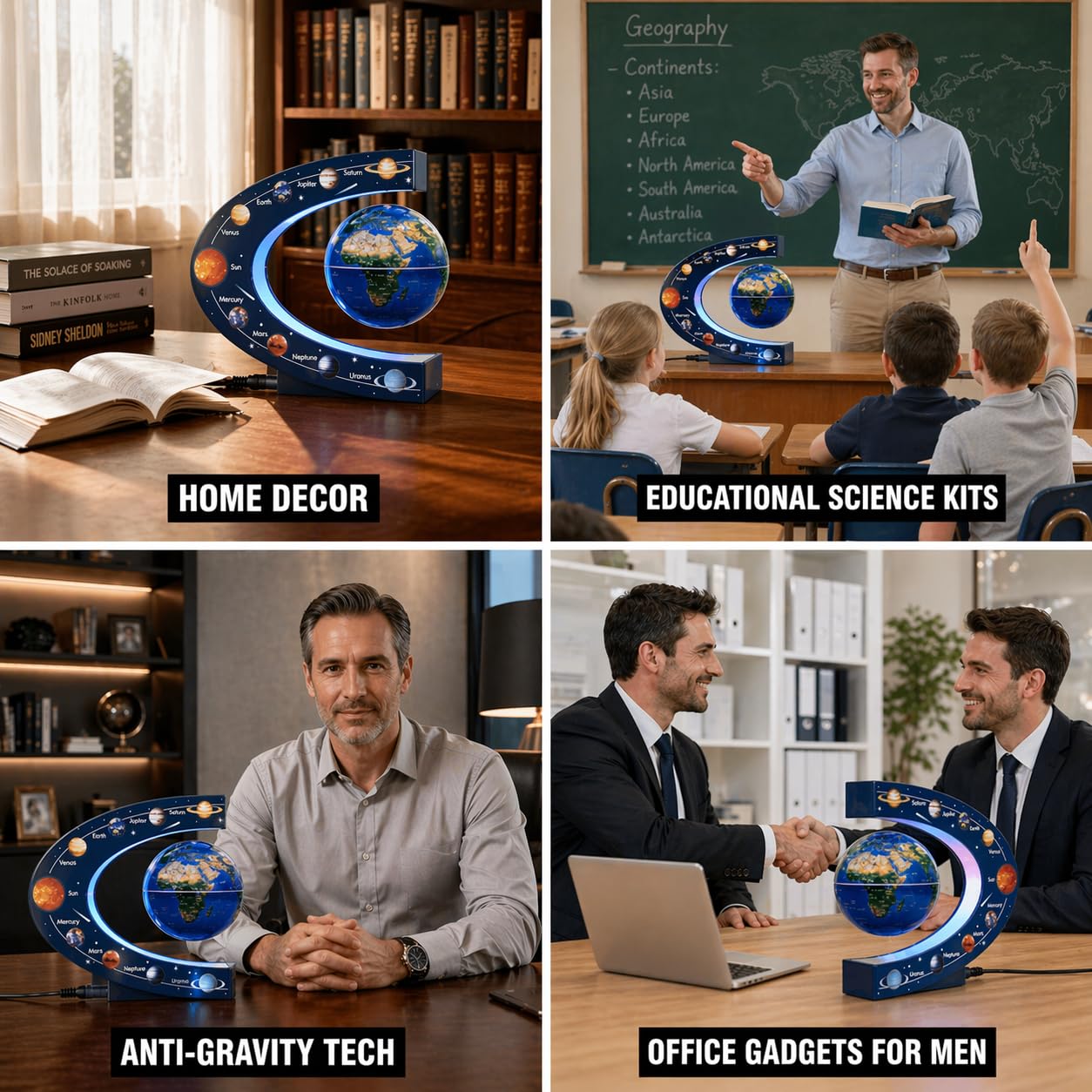 Globe Terrestre Magnétique en Lévitation Rotatif 3 Pouces avec Lampe Colorée, Cadeau Déco de Bureau Original pour Hommes, Patron ou Jouet Éducatif pour Enfants, Système Solaire 9 Planètes Astronomie