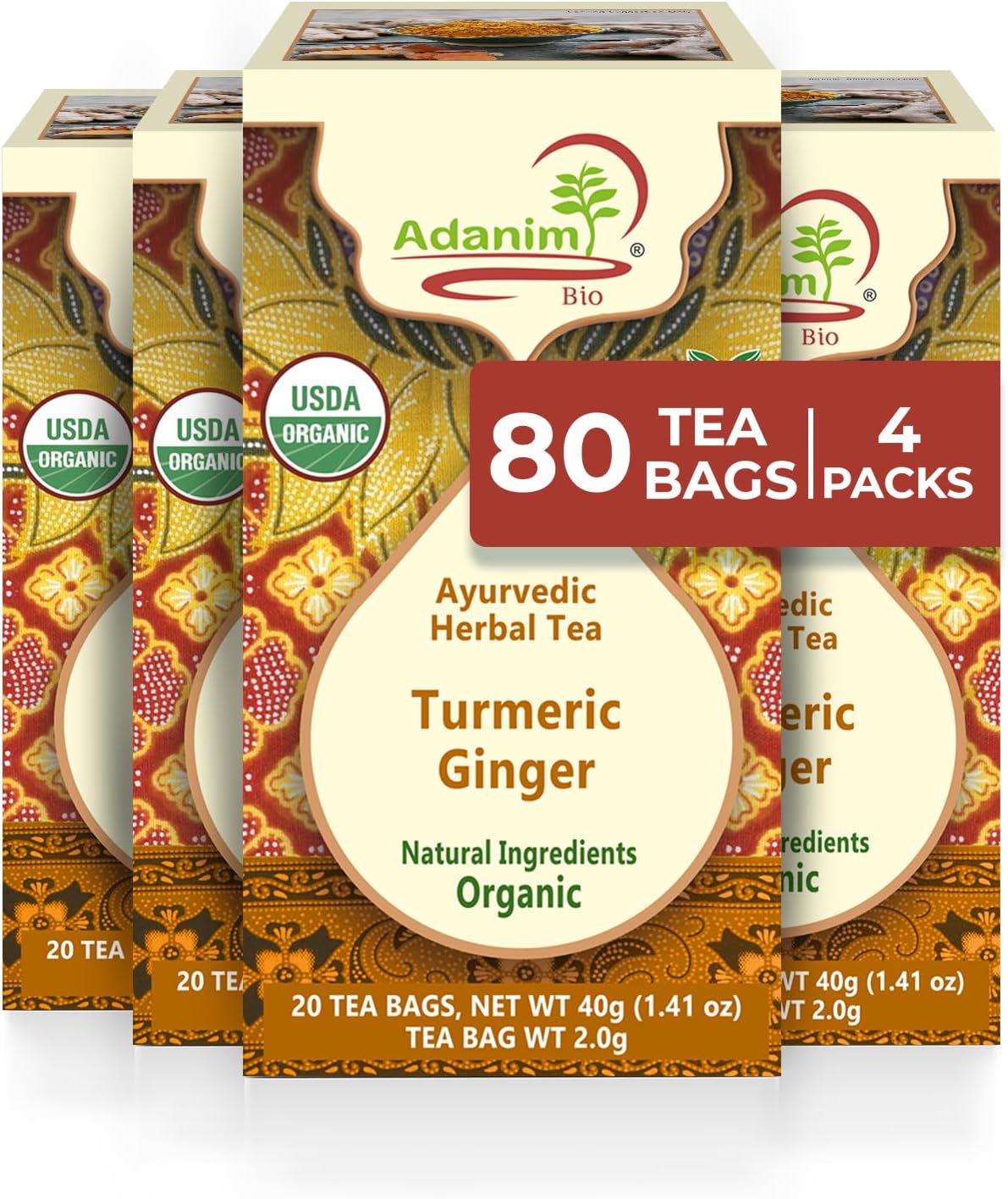 Organic Turmeric Ginger Herbal Tea Bags, 80 Individually Wrapped Tea Bags, 100% Natural Ingredients with Pure Ginger and Turmeric, Supports Digestion, Caffeine Free