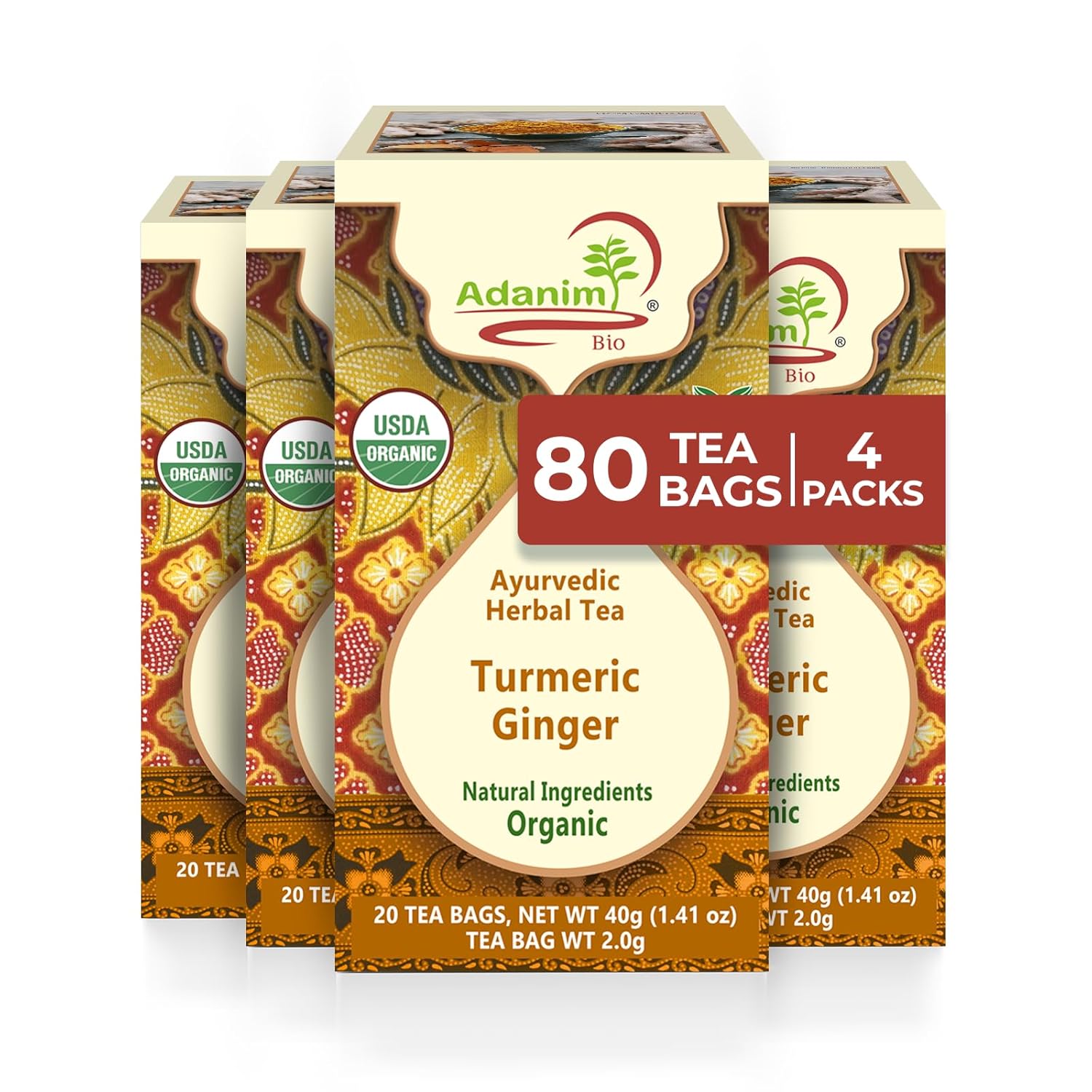 Adanim Bio Turmeric Ginger Herbal Tea Bags Organic Natural Ingredients Caffeine Free Pure Herbal Blend Ginger Turmeric Tea 80 Individually Wrapped Tea Bags Vegan Kosher