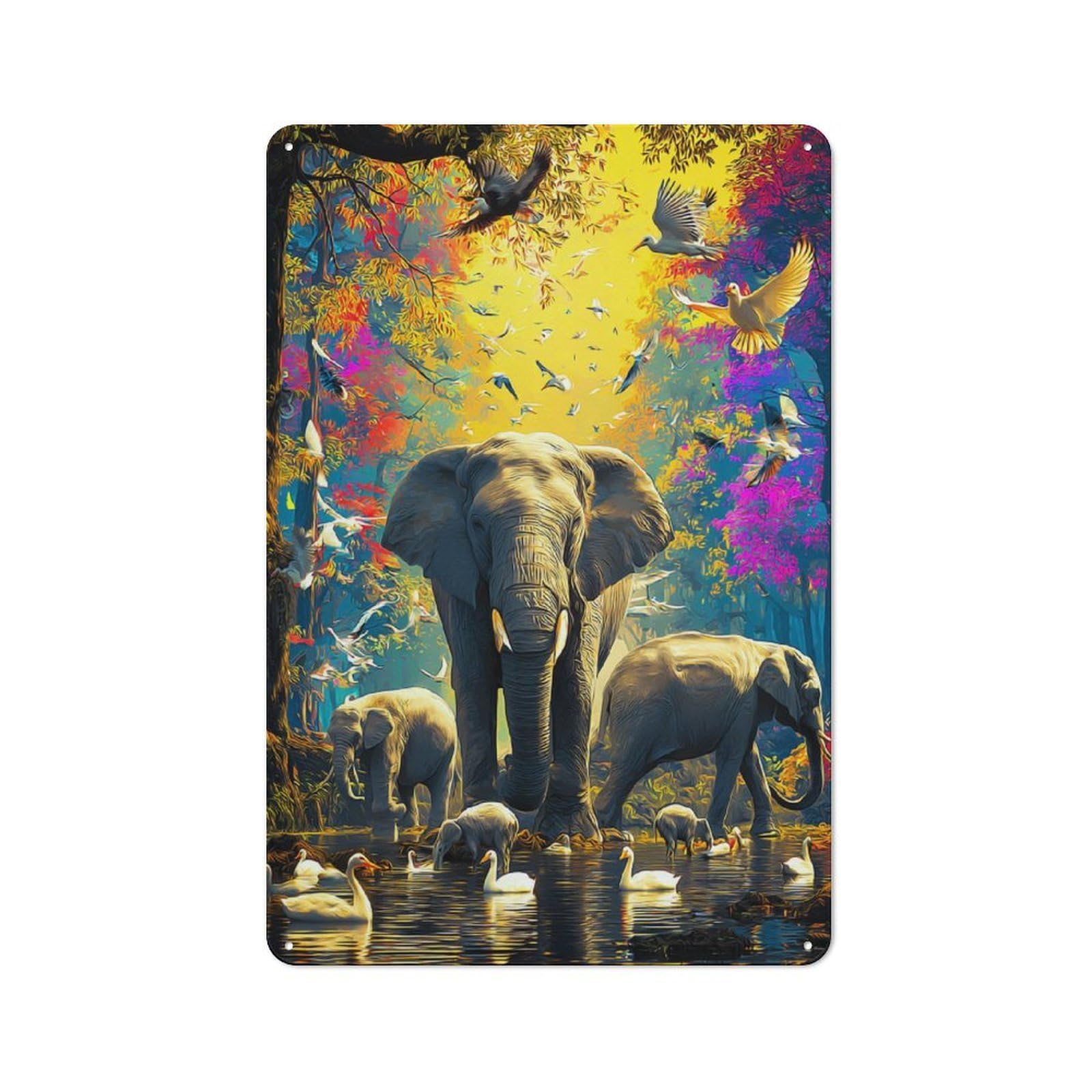 Junmoney Elephant Family In Vibrant Forest Cottage Metal Wall Decor 30X20cm, Shed Metal Sign For Conservatory, Home Bar Or Utility Room